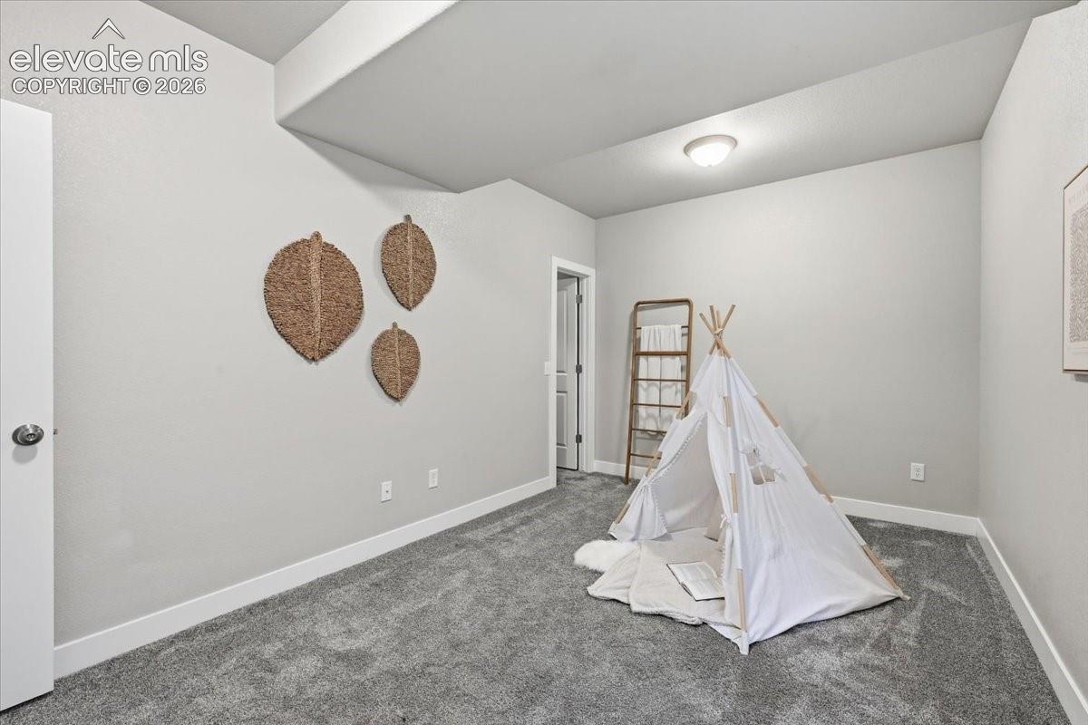Neutral-toned walls complement the gray carpeting
