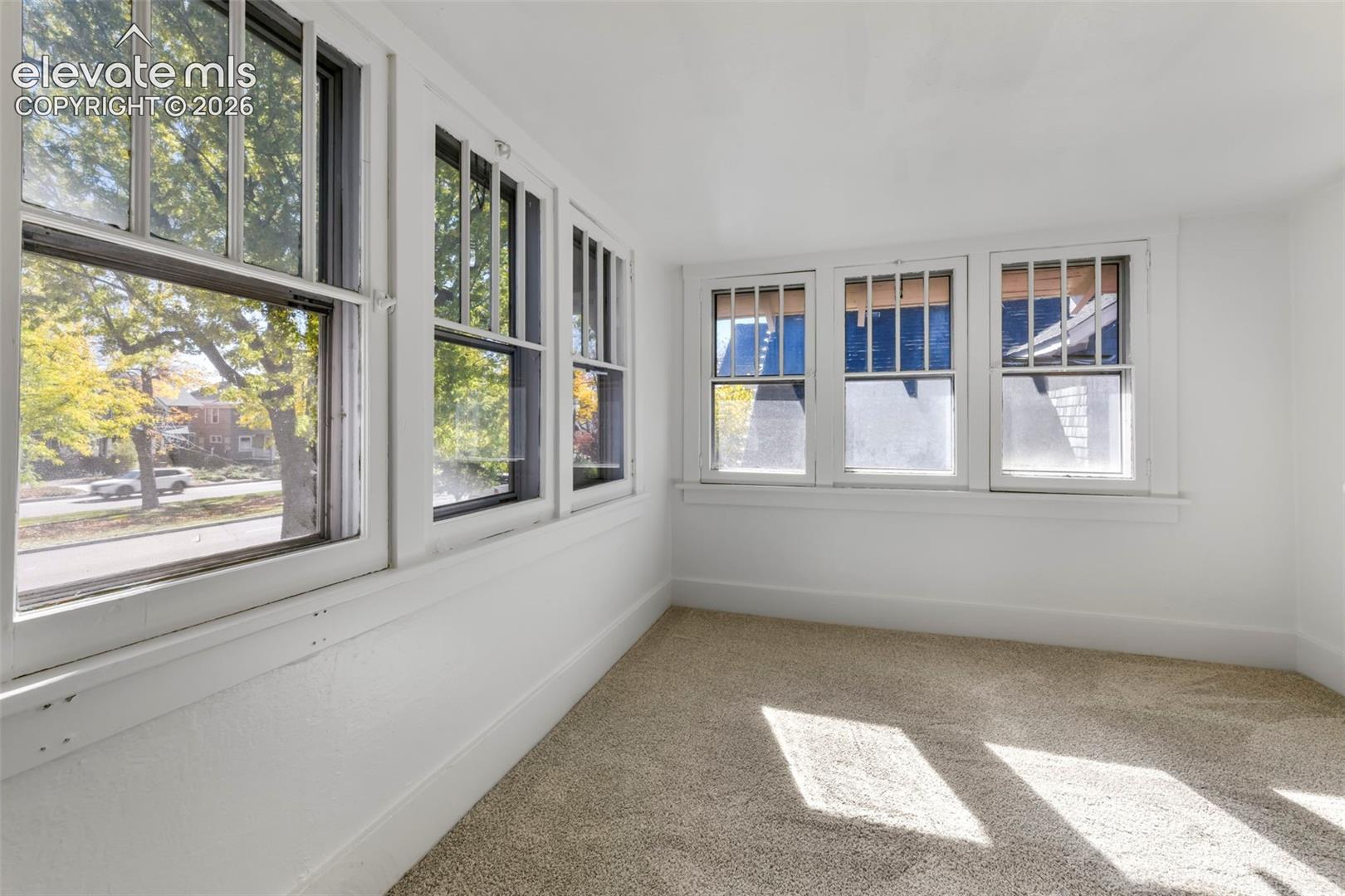 Sunroom featuring multiple windows with grid detailing, neutral carpeting, and white walls