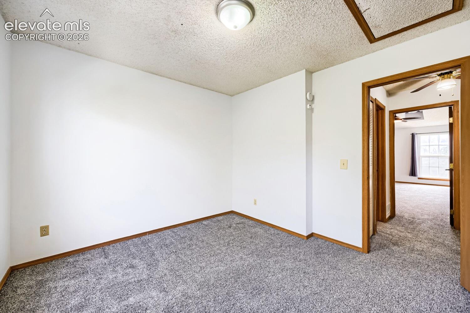 Gray textured carpeting, white painted walls, and wood-trim doorways