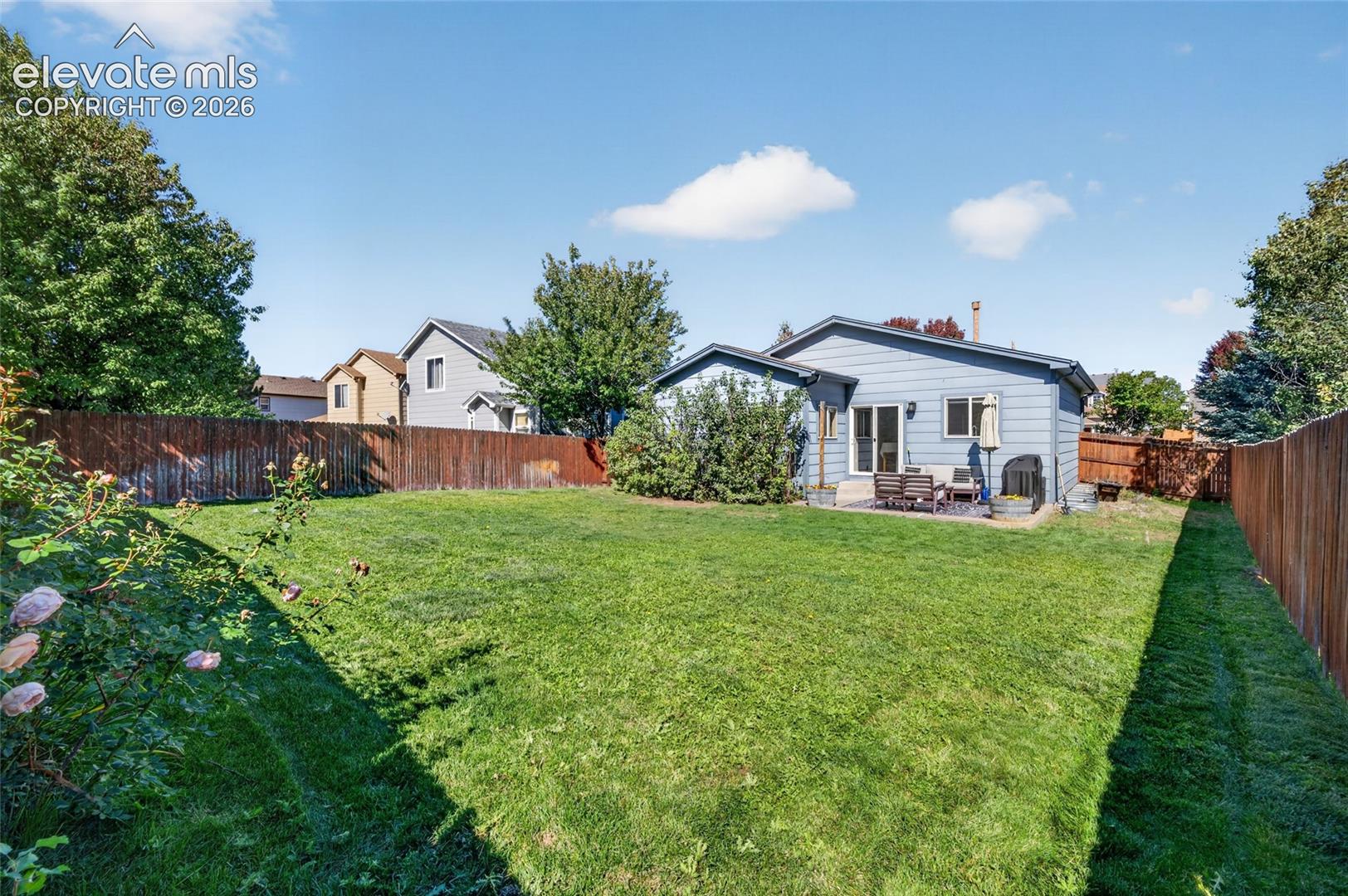 Large, level backyard with auto sprinkler system