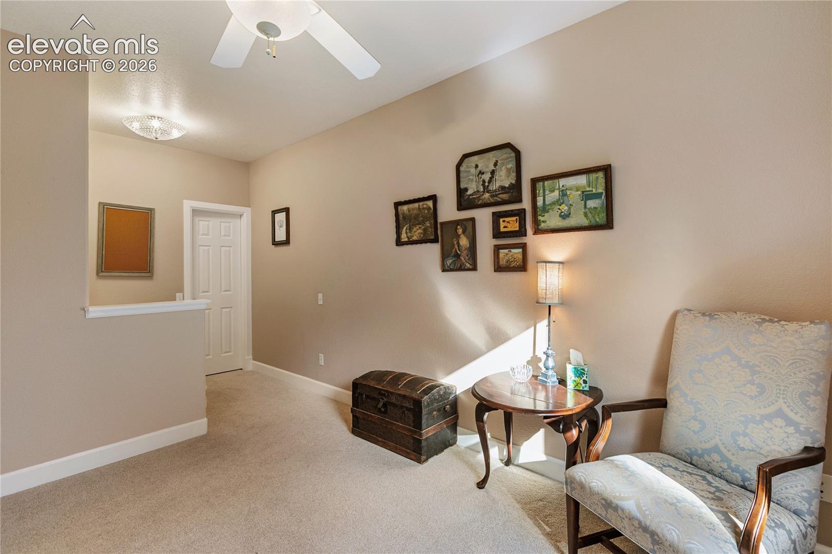 Plush carpeting and a flat panel door with a ceiling fan overhead