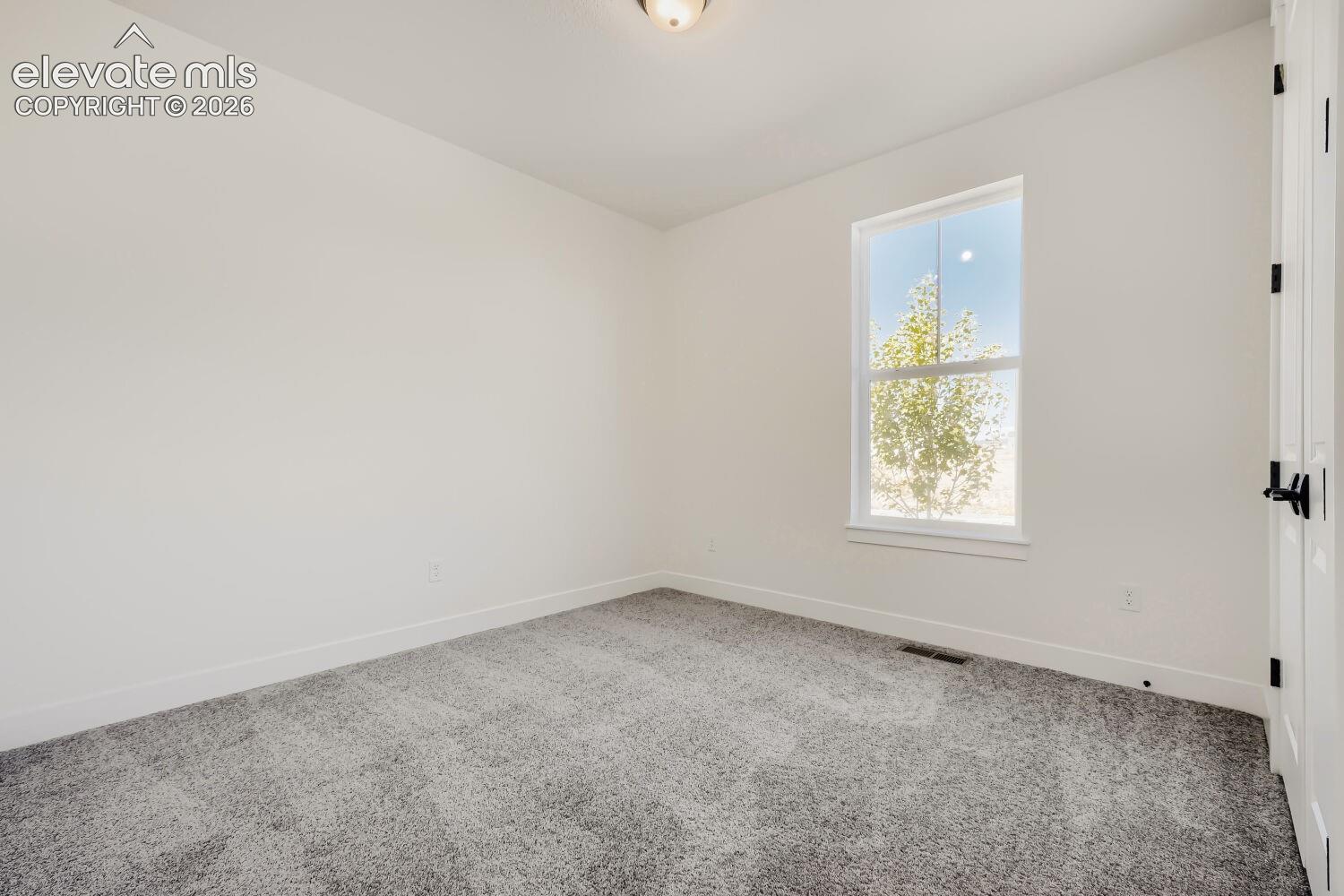Recessed ceiling light, neutral wall paint, single window, gray carpet, and white trim