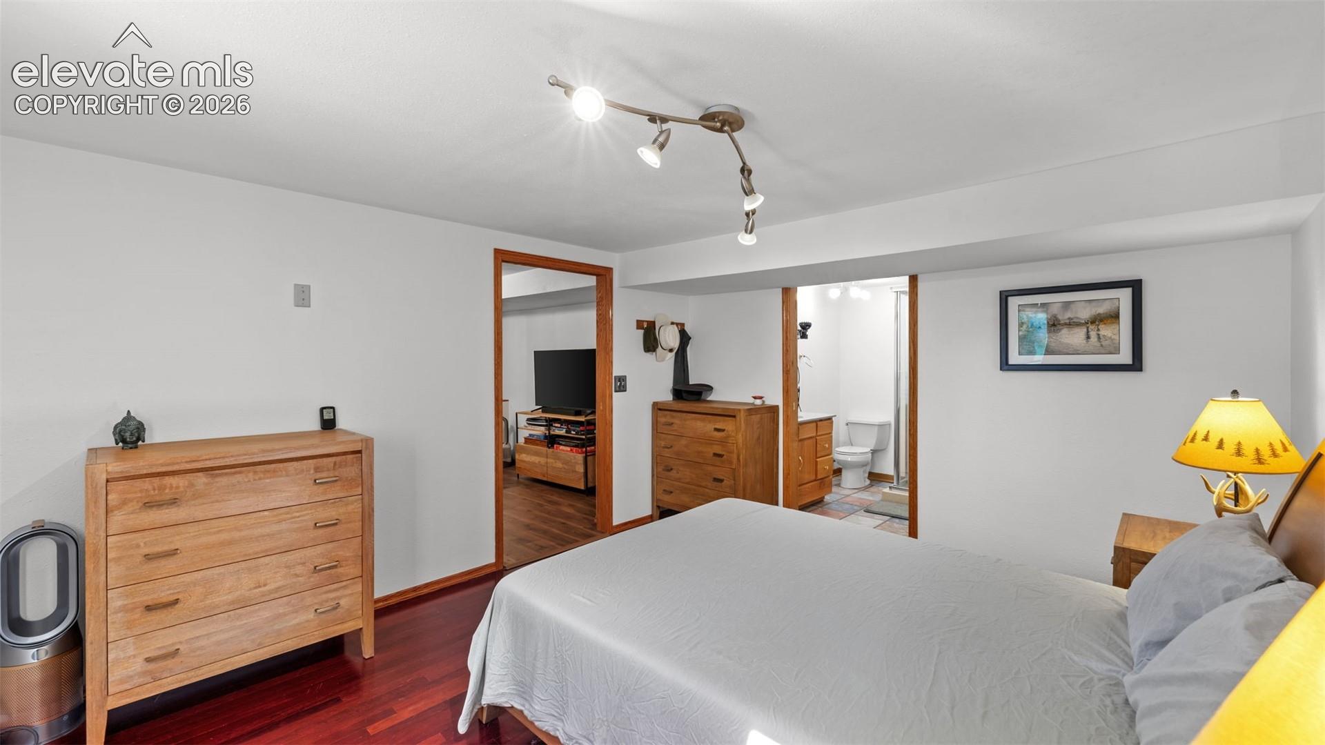Dark-toned wood-finish flooring, multi-directional track lighting, and wood-framed doorways