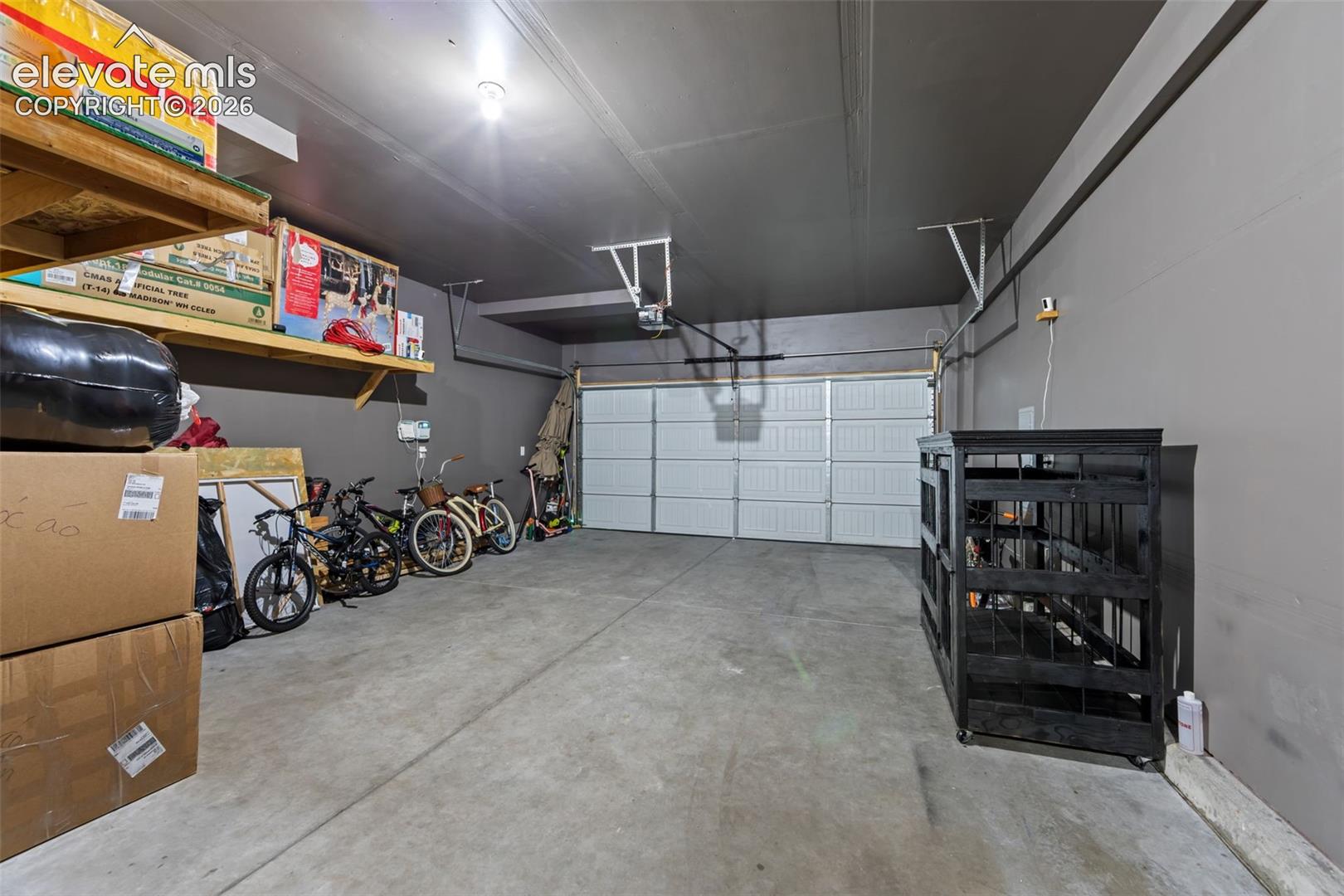 Concrete flooring, overhead lighting, and a white paneled garage door