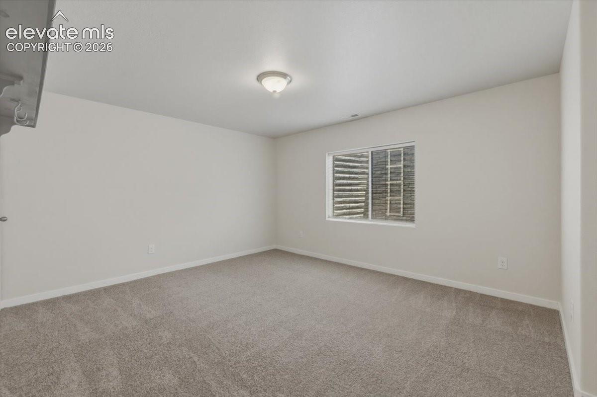 Carpeted room with a single window, white walls, and a ceiling-mounted light fixture