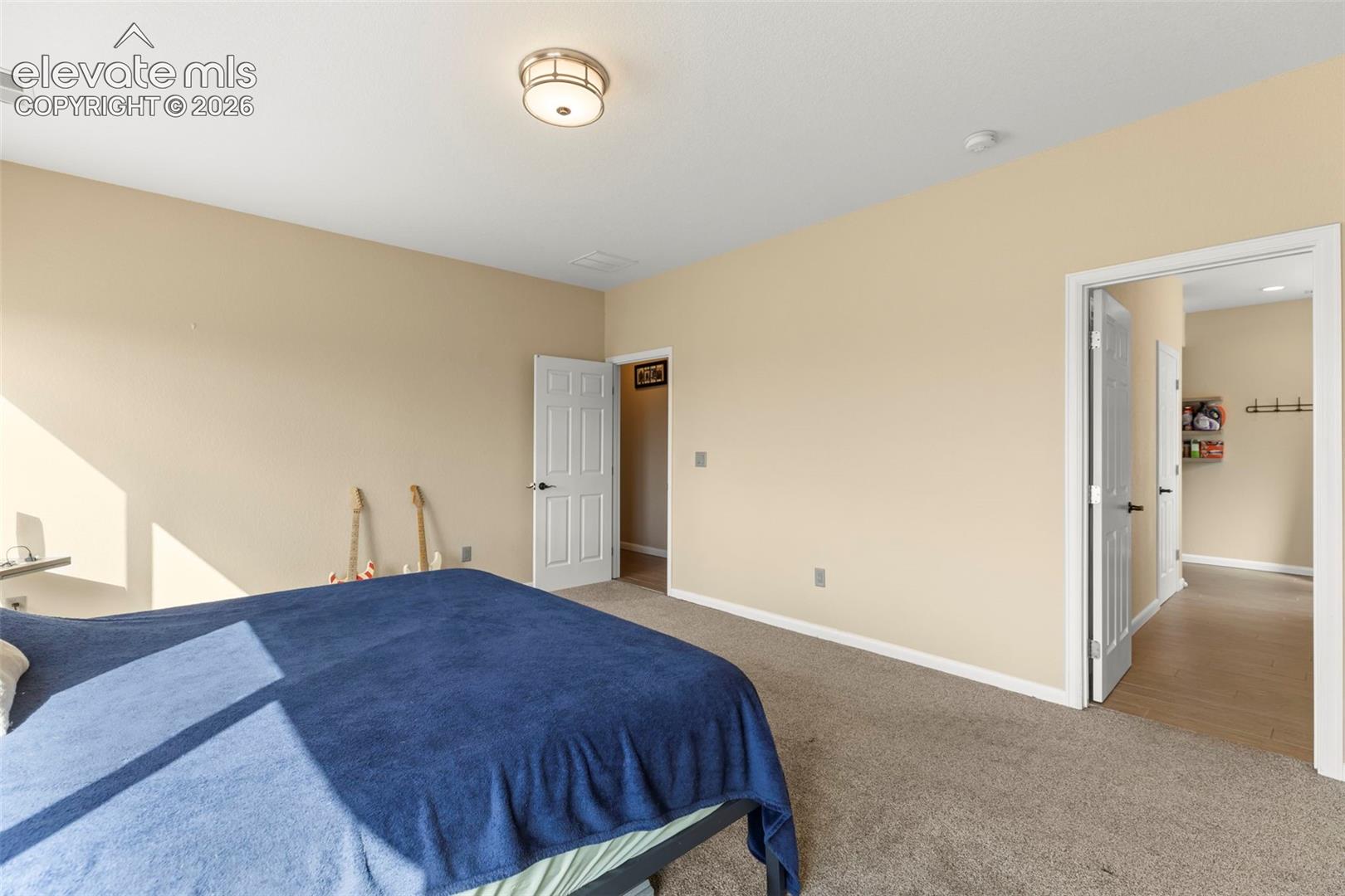 Neutral wall finish, wall-to-wall carpeting, flush-mount ceiling light fixture, and two-panel interior doors