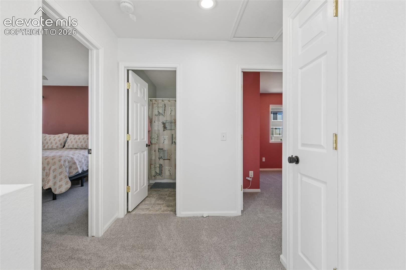 White six-panel interior doors, light gray carpet flooring, and white painted walls