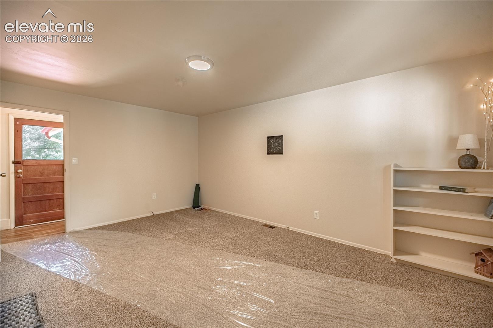 Carpeted flooring, recessed ceiling lighting, light-toned wall paint, built-in shelving unit, and a solid wood door