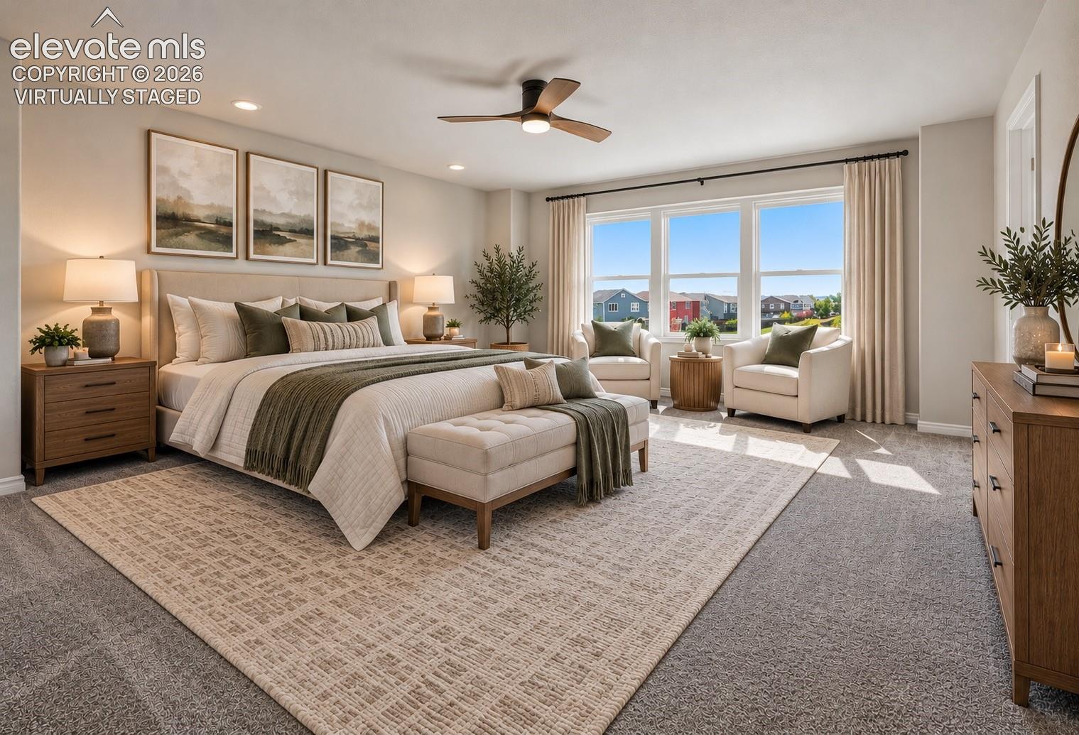 Virtually staged Expansive primary bedroom featuring wall-to-wall carpeting, triple-pane window configuration, recessed lighting, and an integrated ceiling fan