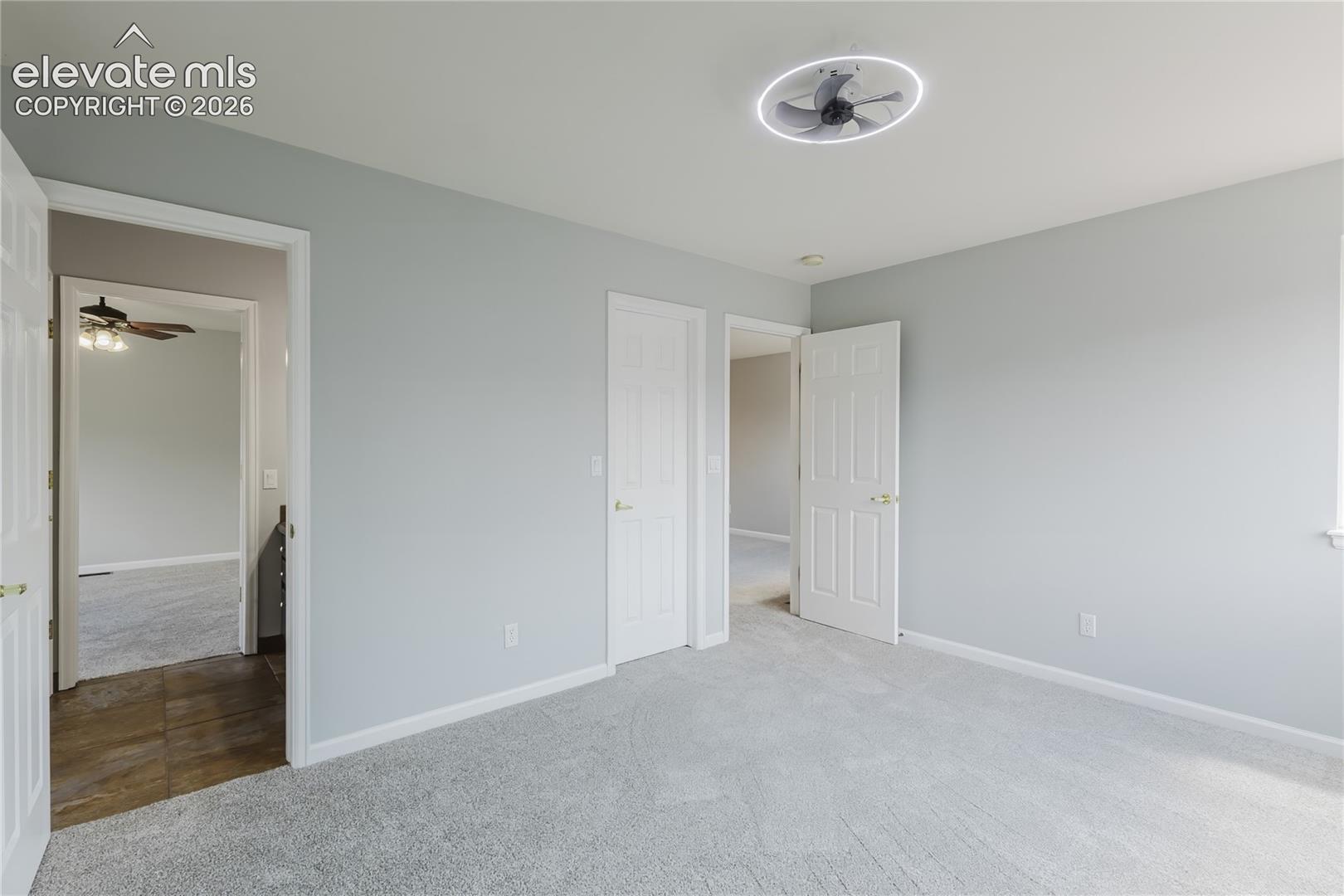 Plush carpet flooring, light gray wall paint, a ceiling-mounted fan with integrated lighting, and white paneled doors