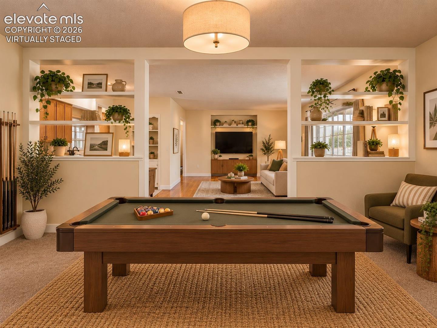(Virtually Staged)
Versatile bonus room envisioned as a billiards and entertainment area, featuring an open connection to the main living space.