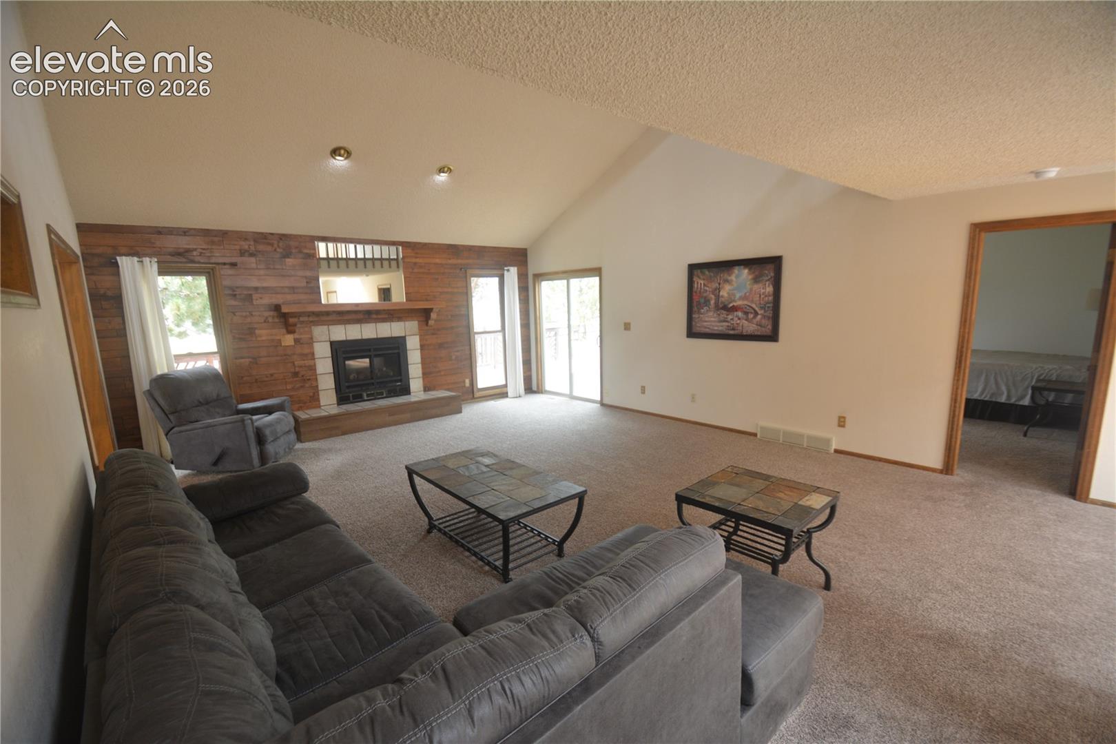 view of living room looking toward walk-out and fireplace