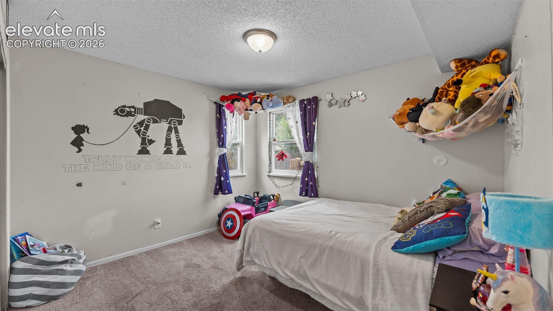 Neutral interior space featuring carpeting and dual windows with natural light