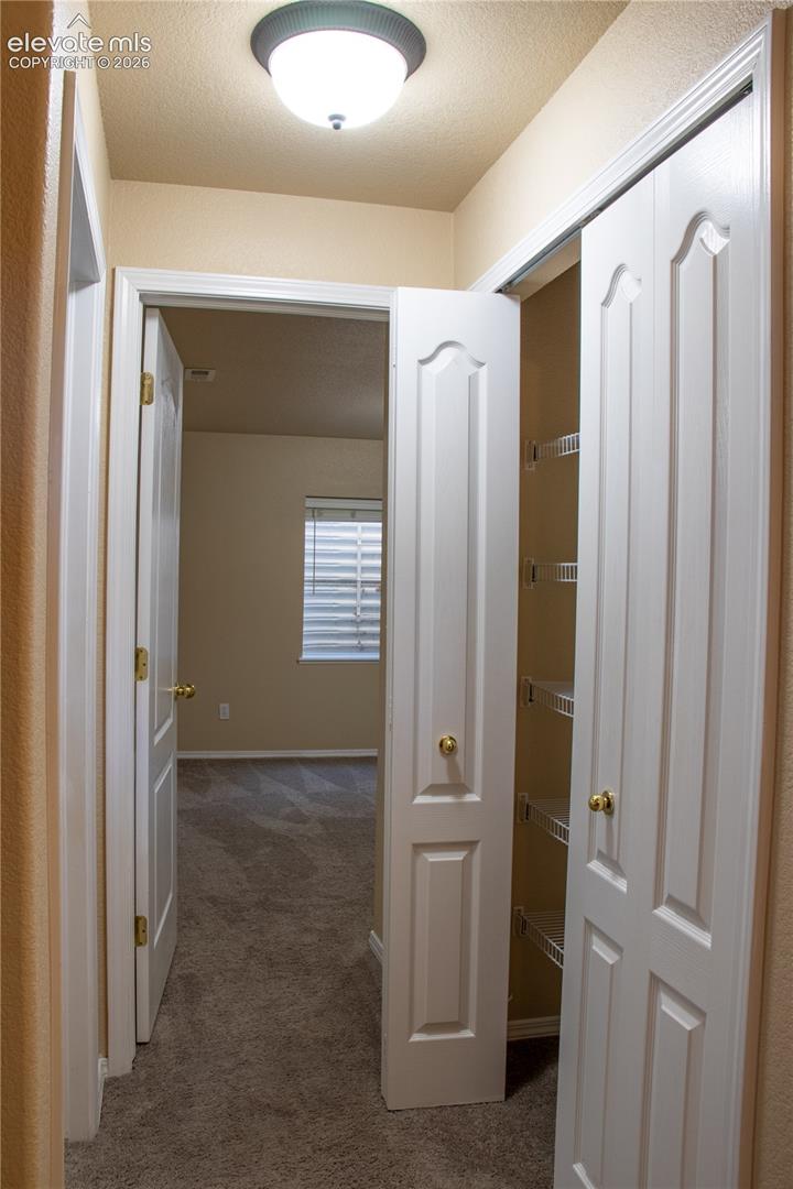 Hallway featuring a flush-mount ceiling light fixture, neutral wall color, and textured carpet flooring