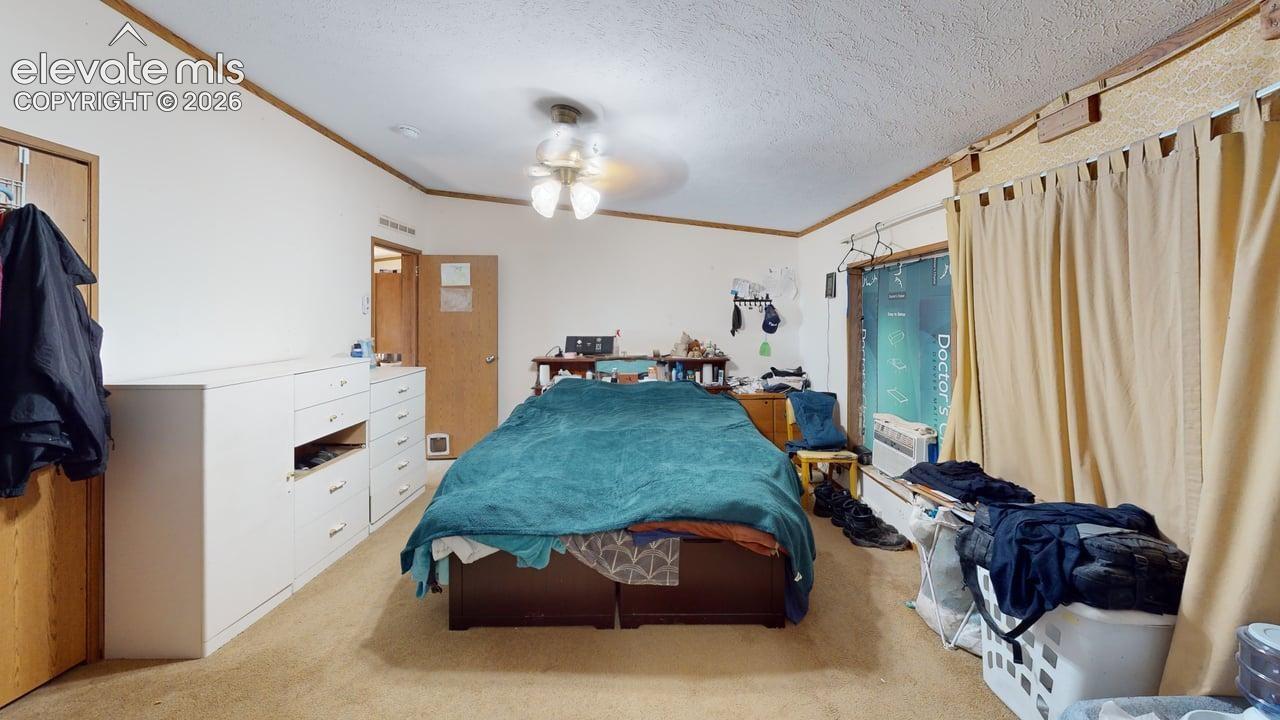 Bedroom with light colored carpet, ornamental molding, a ceiling fan, and a textured ceiling