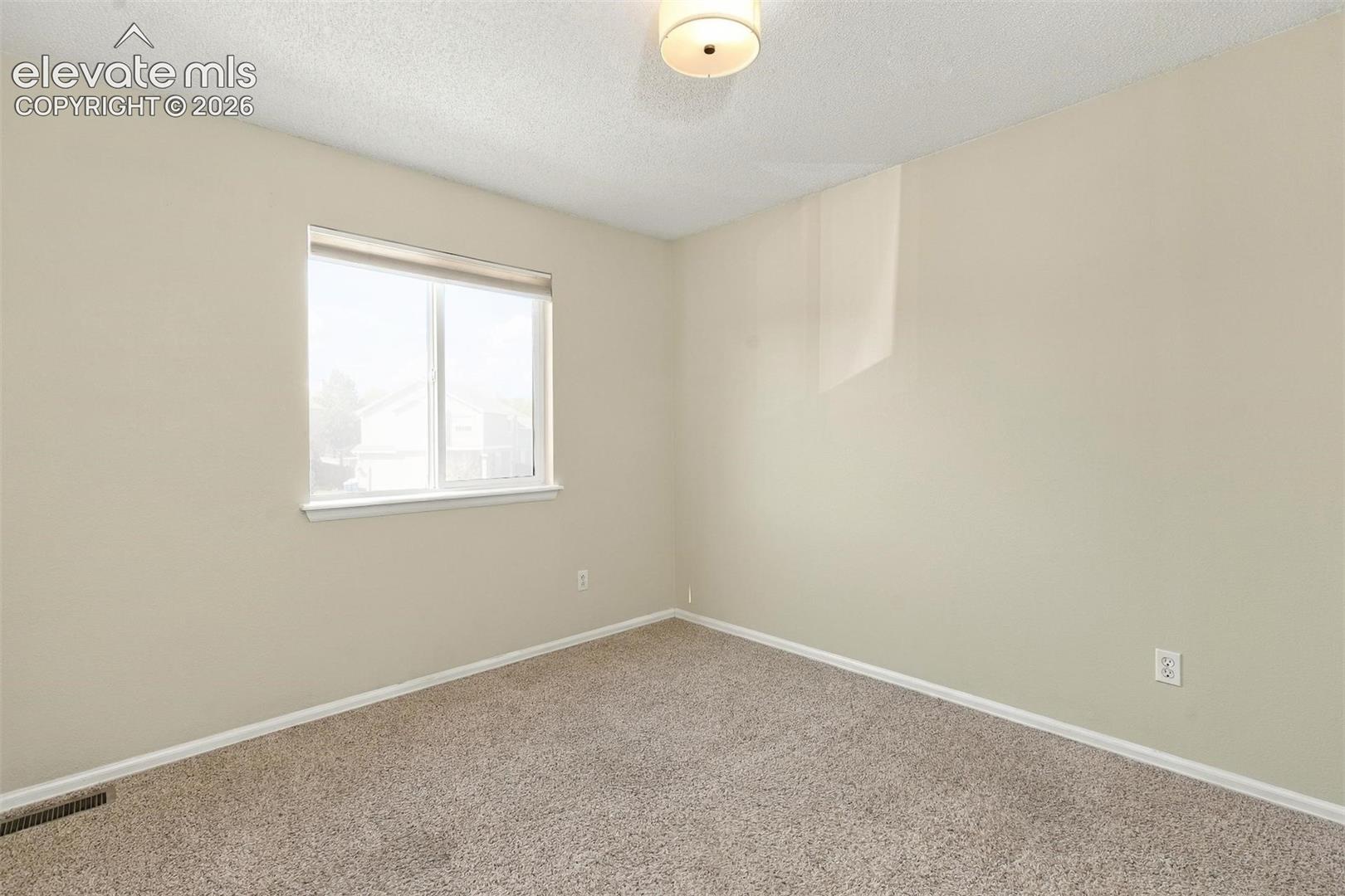 Neutral-toned wall paint, neutral carpeting, single-pane sliding window with white trim, and a centered dome-style ceiling light fixture