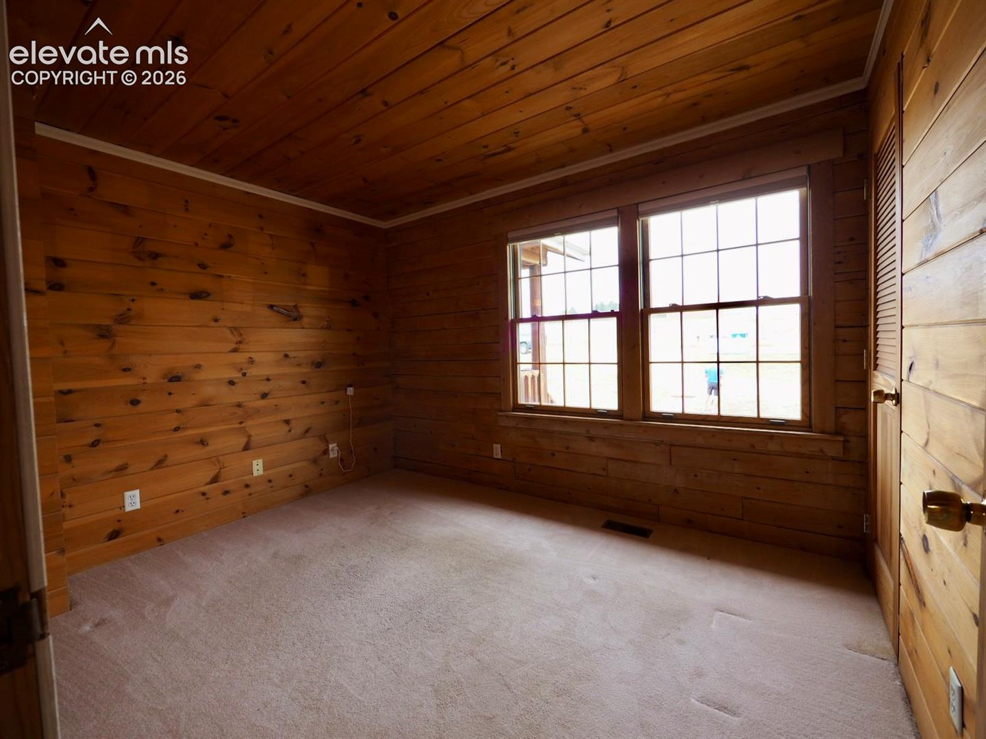 Interior space featuring natural wood-plank walls and ceiling, wall-to-wall carpeting, multi-pane windows, and a louvered-style closet door