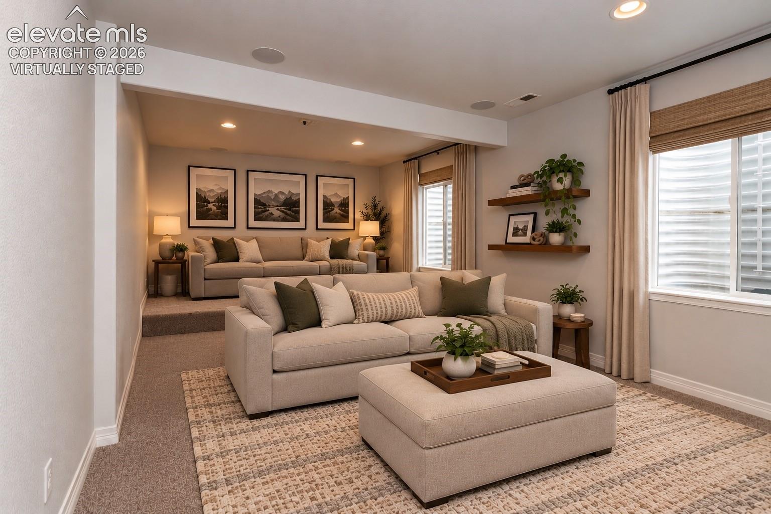 Virtually staged media room in basement