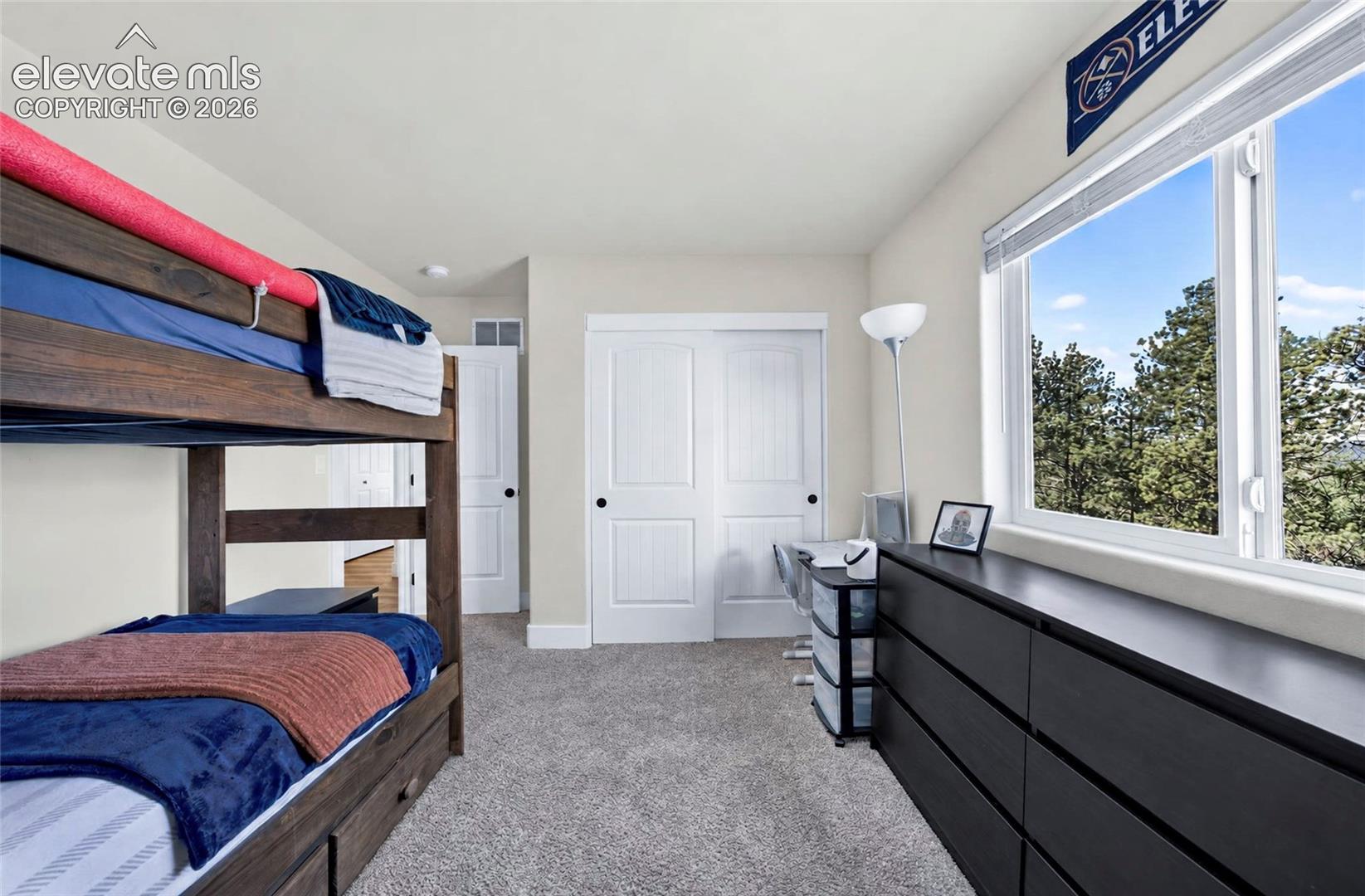 Neutral interior featuring wall-to-wall carpeting, white two-panel sliding closet doors, a single white swinging door, and a horizontal sliding window