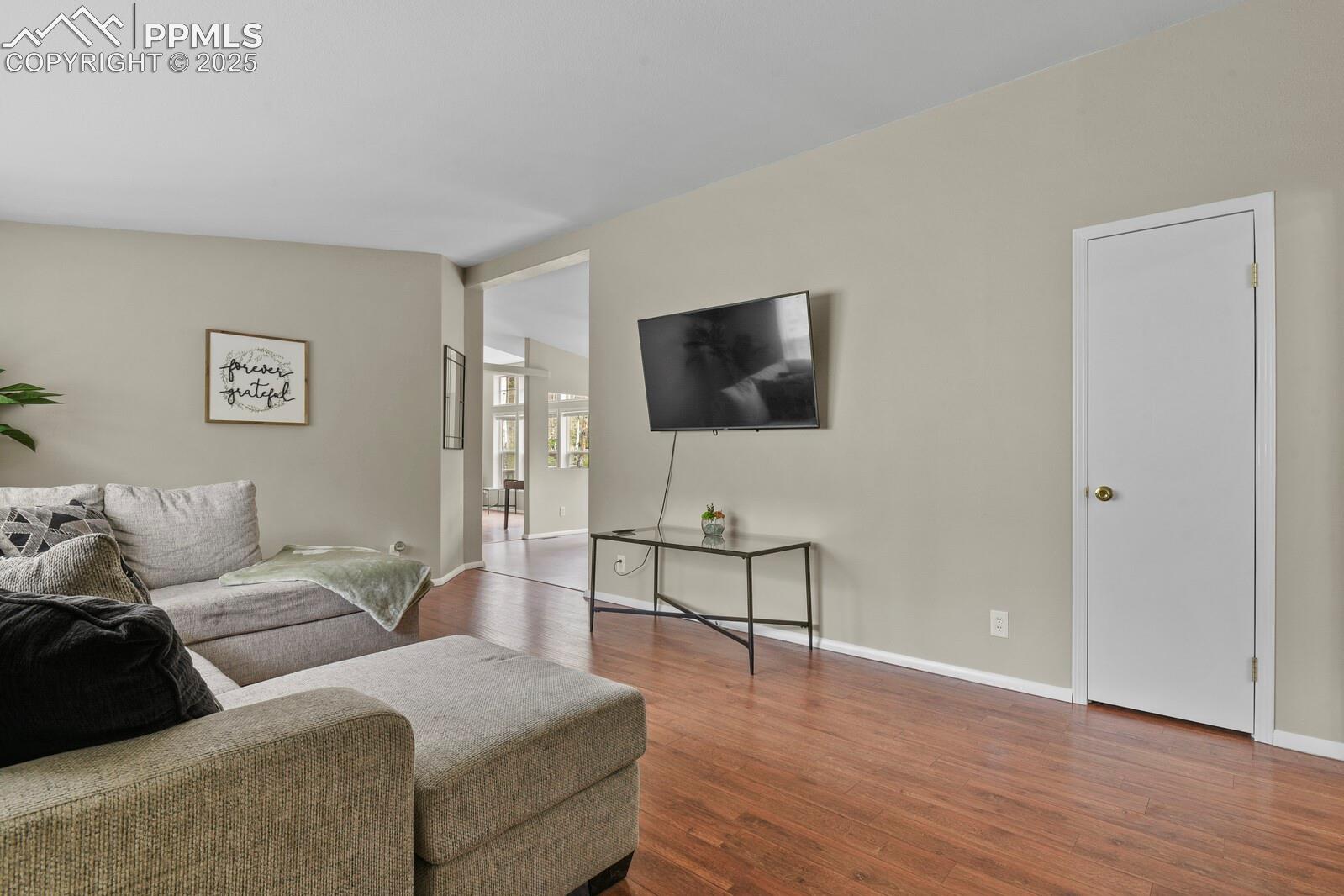 Living room with dark wood-type flooring and vaulted ceiling
