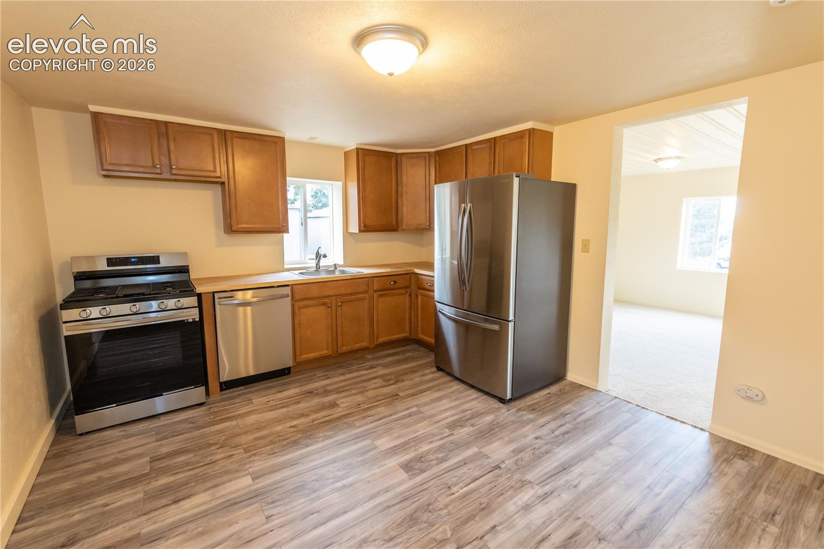 Kitchen featuring wood cabinetry, stainless steel appliances, wood-finish flooring, and a single-basin sink