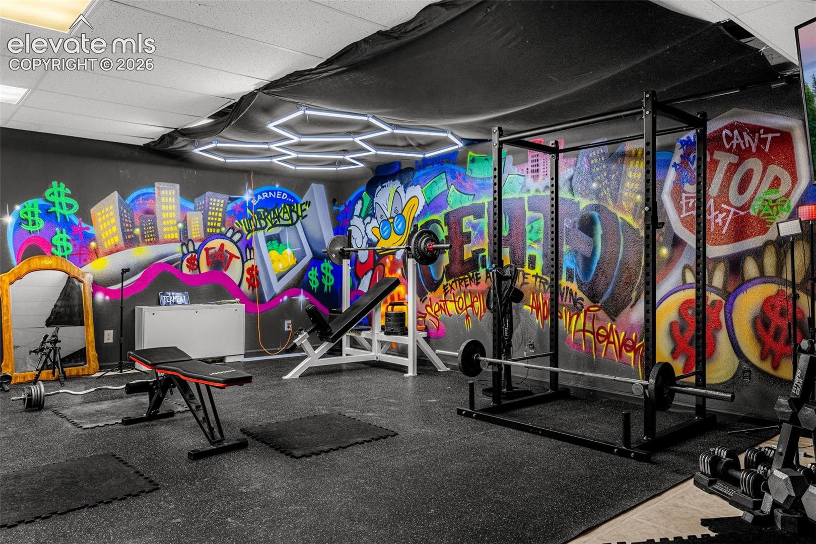 Custom-designed interior space with vibrant wall art, recessed lighting, and rubberized flooring