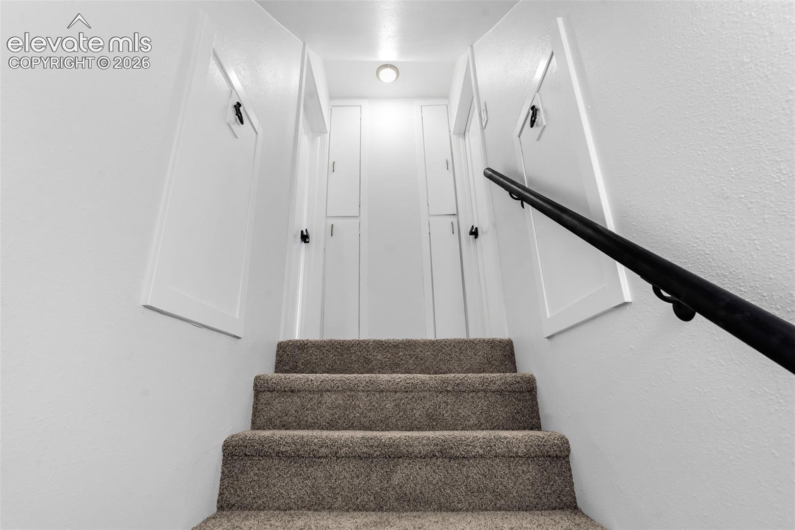 Staircase featuring wall-to-wall carpet, built-in cabinetry, dual access doors, and a matte black wall-mounted handrail