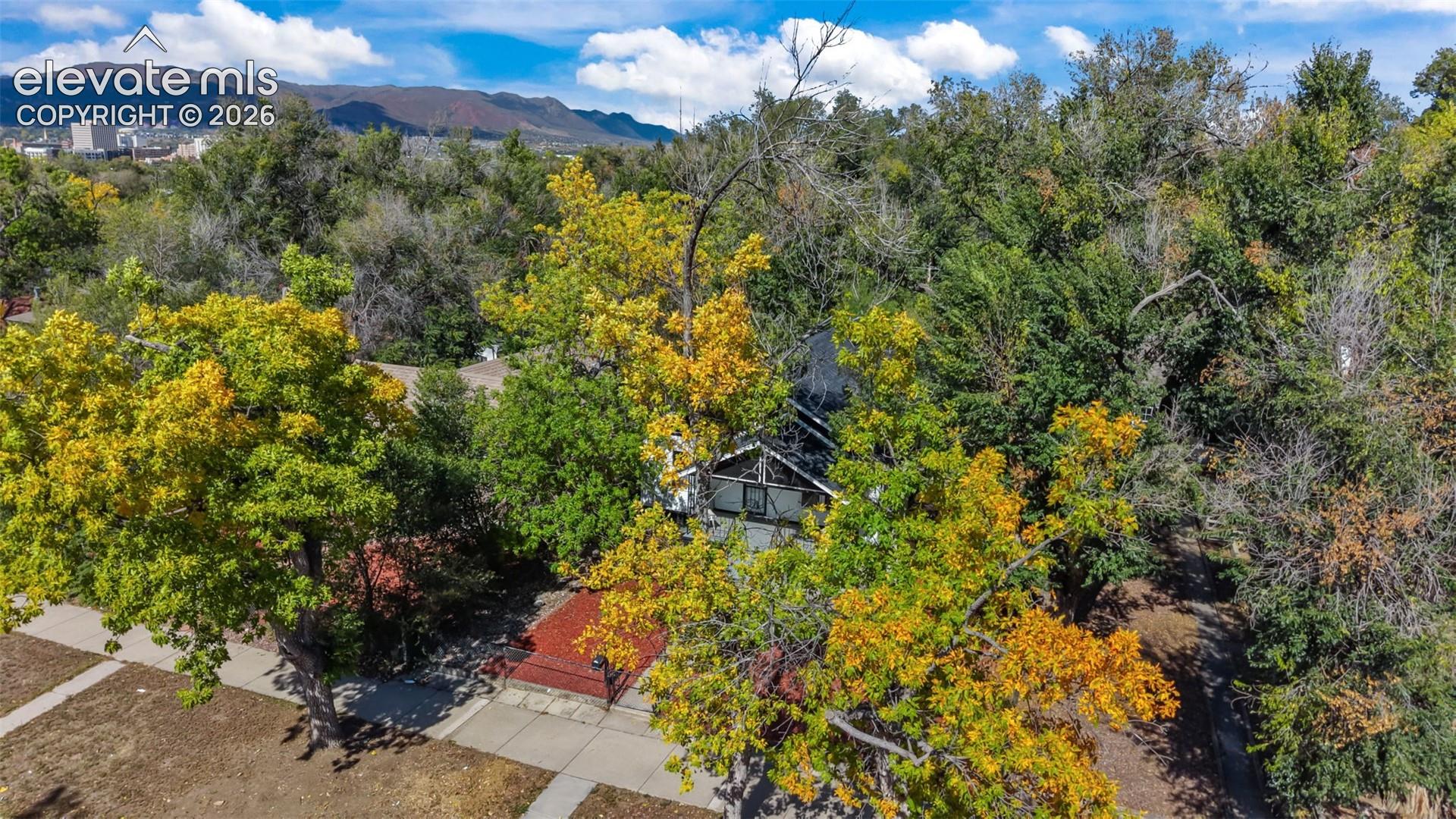 Mature landscape with vibrant seasonal foliage, established trees, and varied plantings surrounding a charming residence