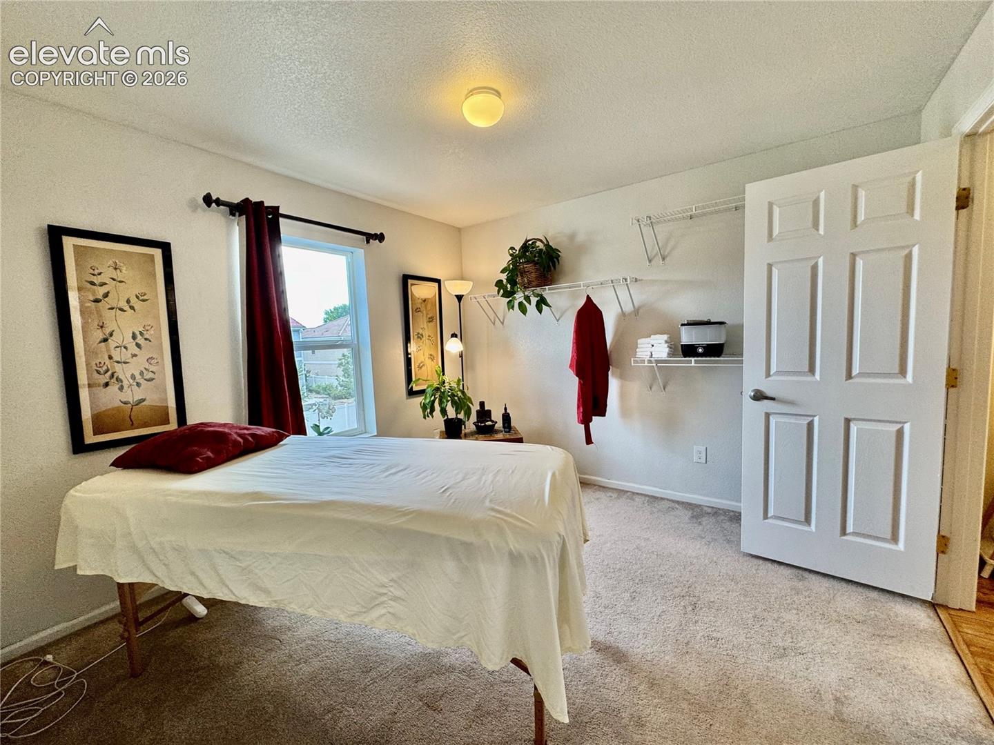 Carpeted interior space featuring a window with dark curtain rods, a paneled door, and built-in wire shelving
