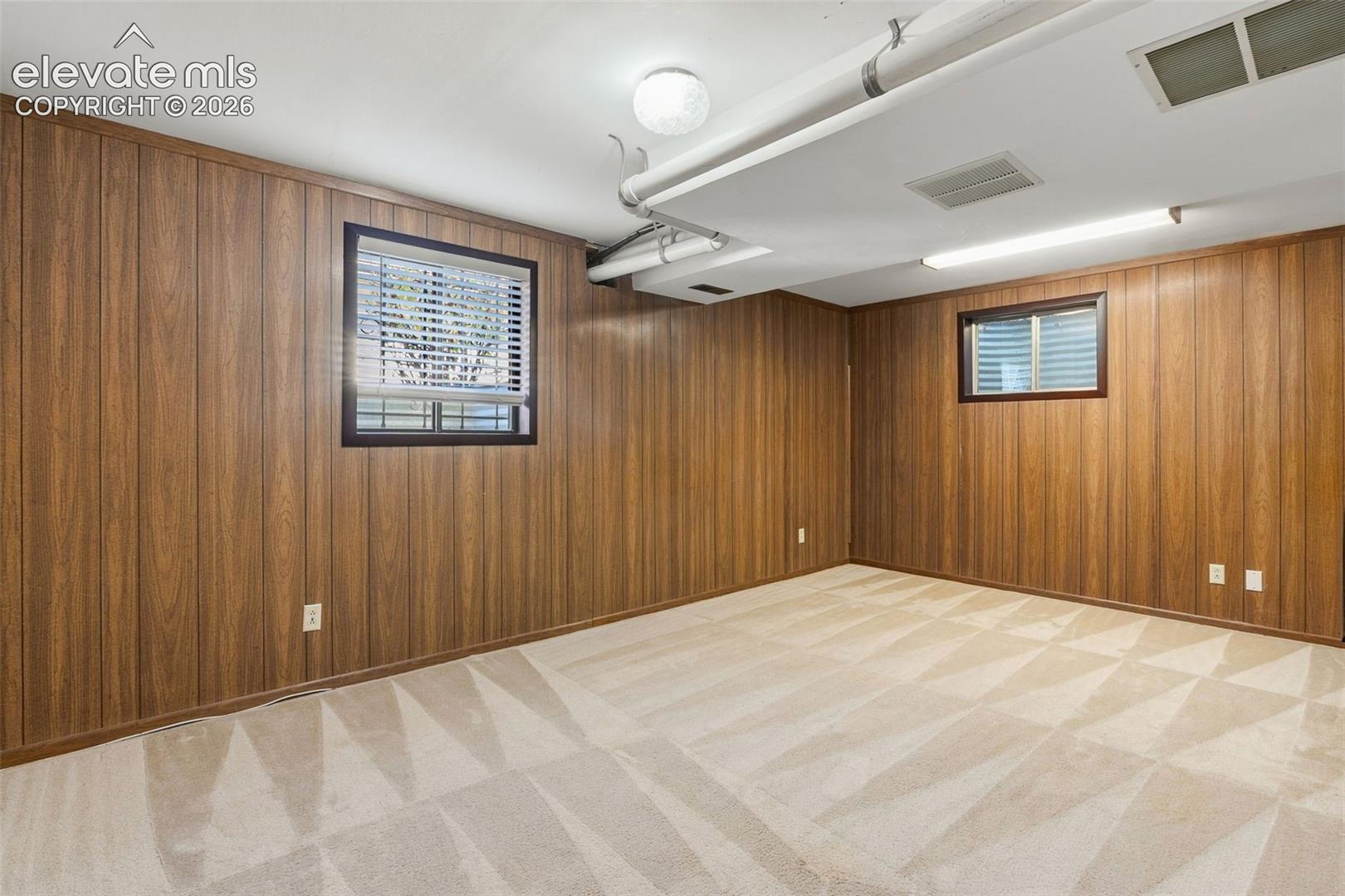 Interior space featuring wood-finish paneling, wall-to-wall carpeting, and two exterior windows