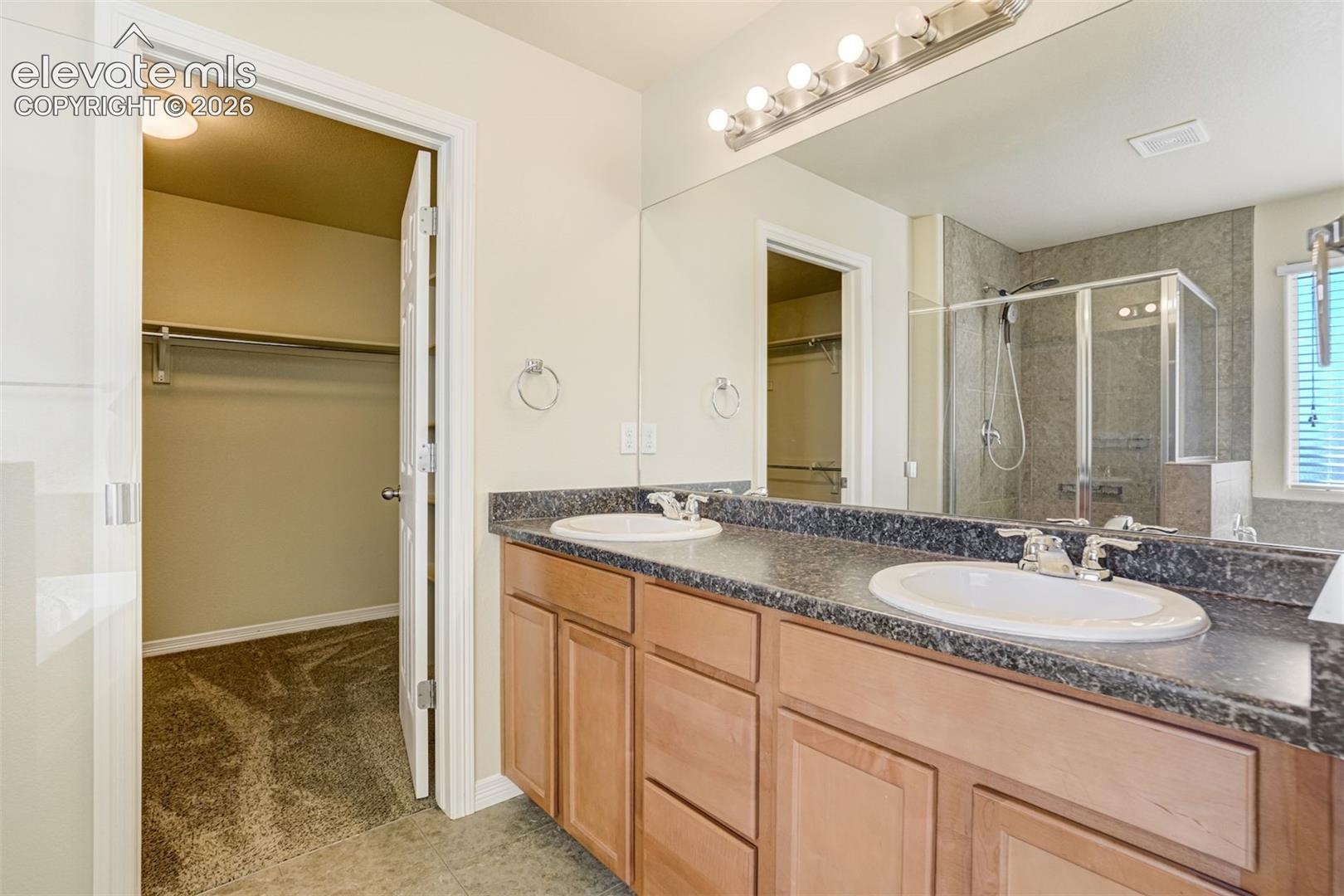 Double vanity with two vanity sinks, wood-finish cabinetry, and dark stone-look countertops