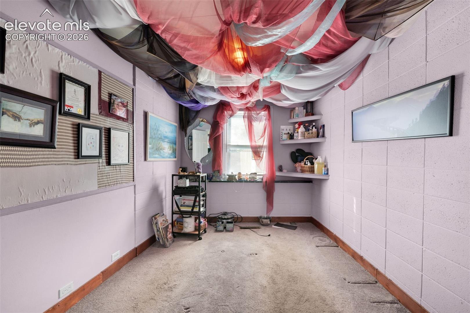 Interior space featuring exposed concrete block walls, carpeted flooring, and built-in corner shelving