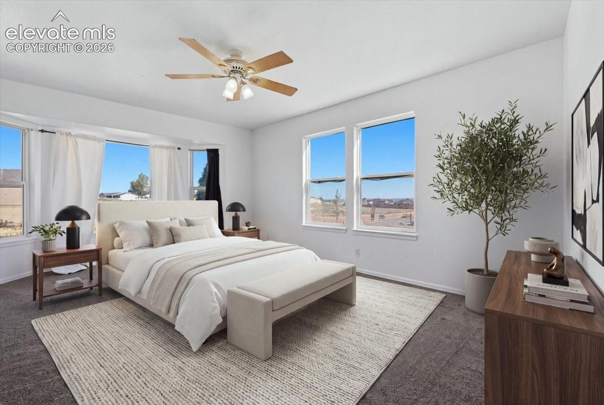Bedroom featuring large windows, a neutral color palette, carpeted flooring, and a ceiling fan with light fixture