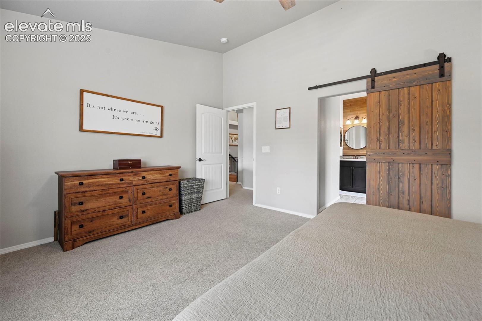 Vaulted ceilings, rustic wood barn-style sliding door, and neutral carpeting