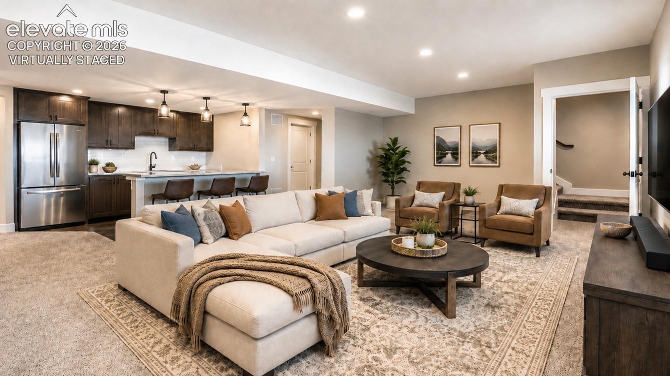 Virtually Staged Basement living room and wet bar
