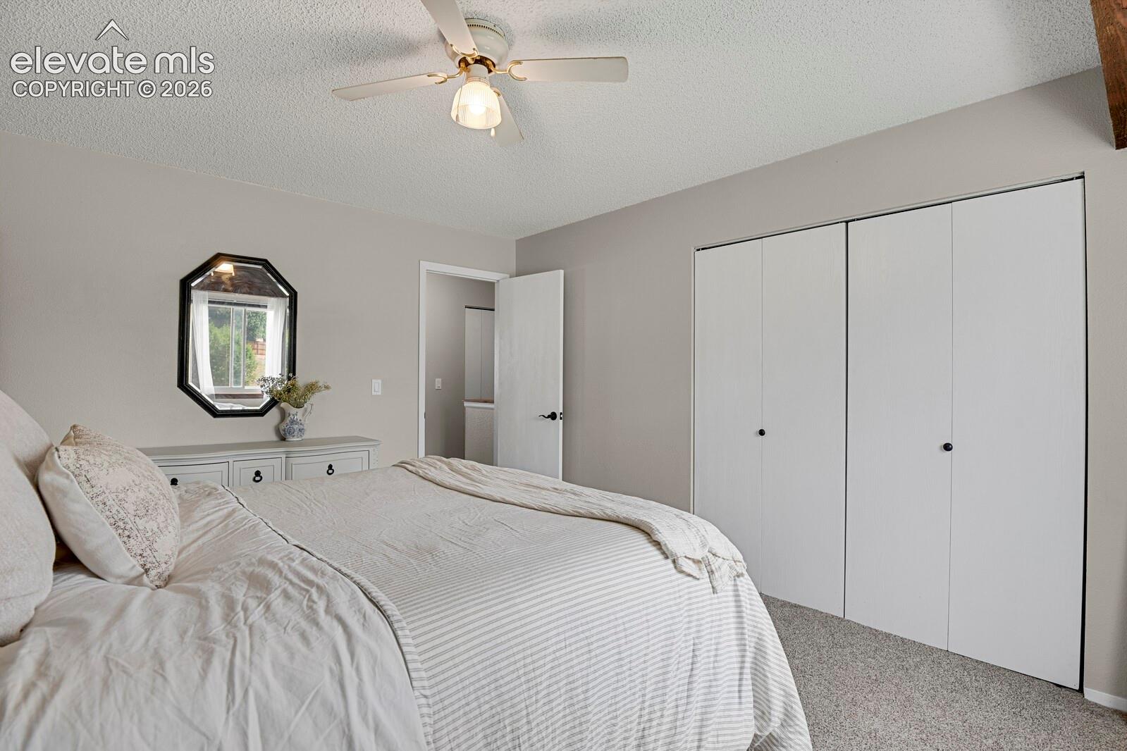 Ceiling fan with light fixture, light gray wall paint, octagonal wall mirror, white bi-fold closet doors, and carpet flooring