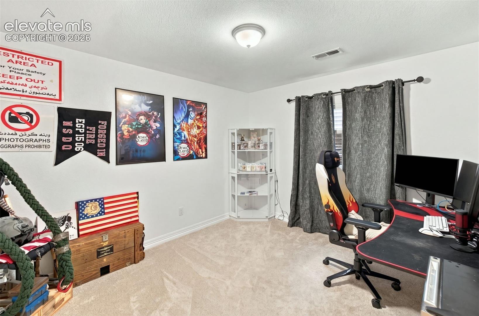 Neutral wall tones, wall-to-wall carpeting, and a flush-mount ceiling light fixture