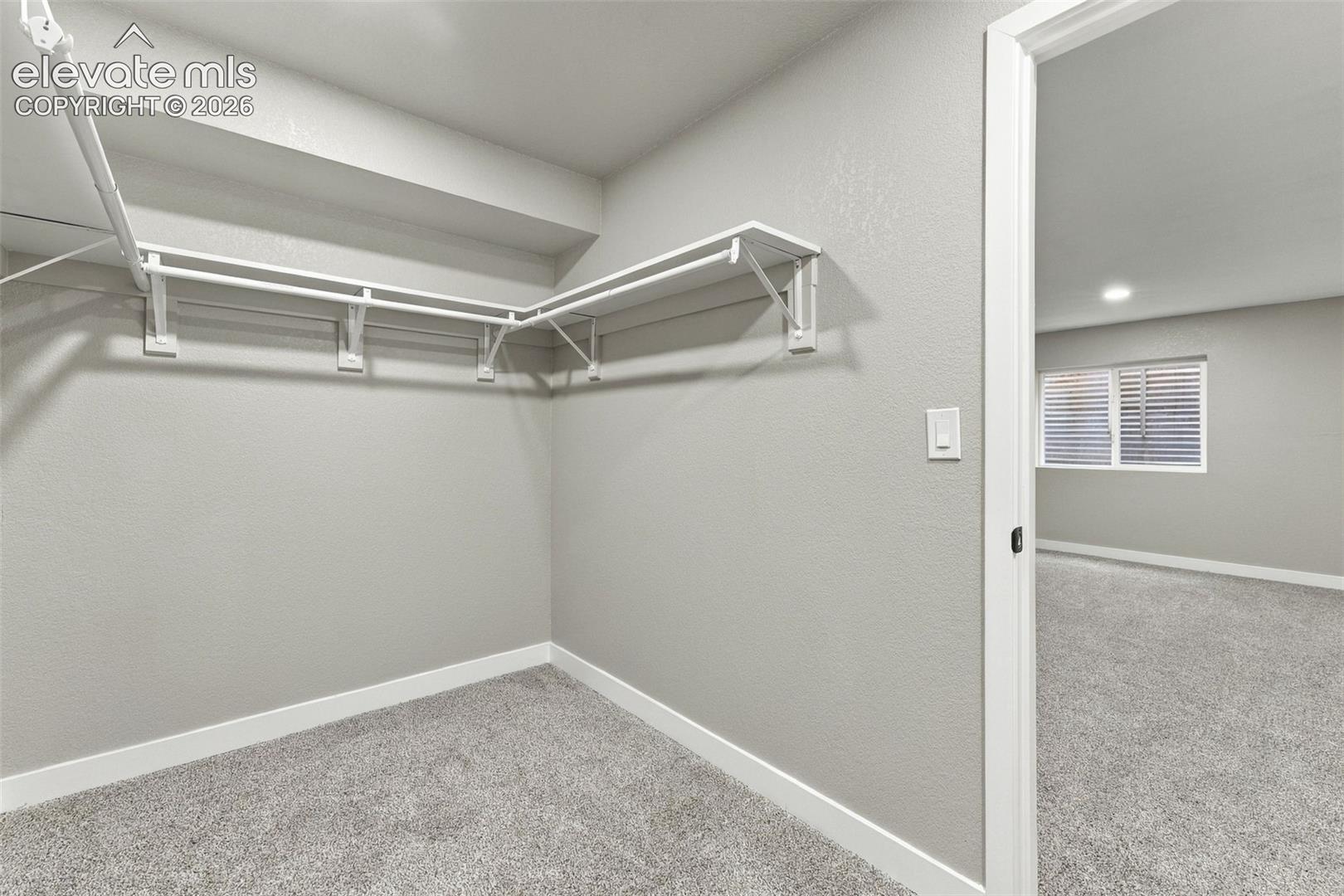 Storage space featuring wrap-around wire shelving and wall-to-wall carpeting