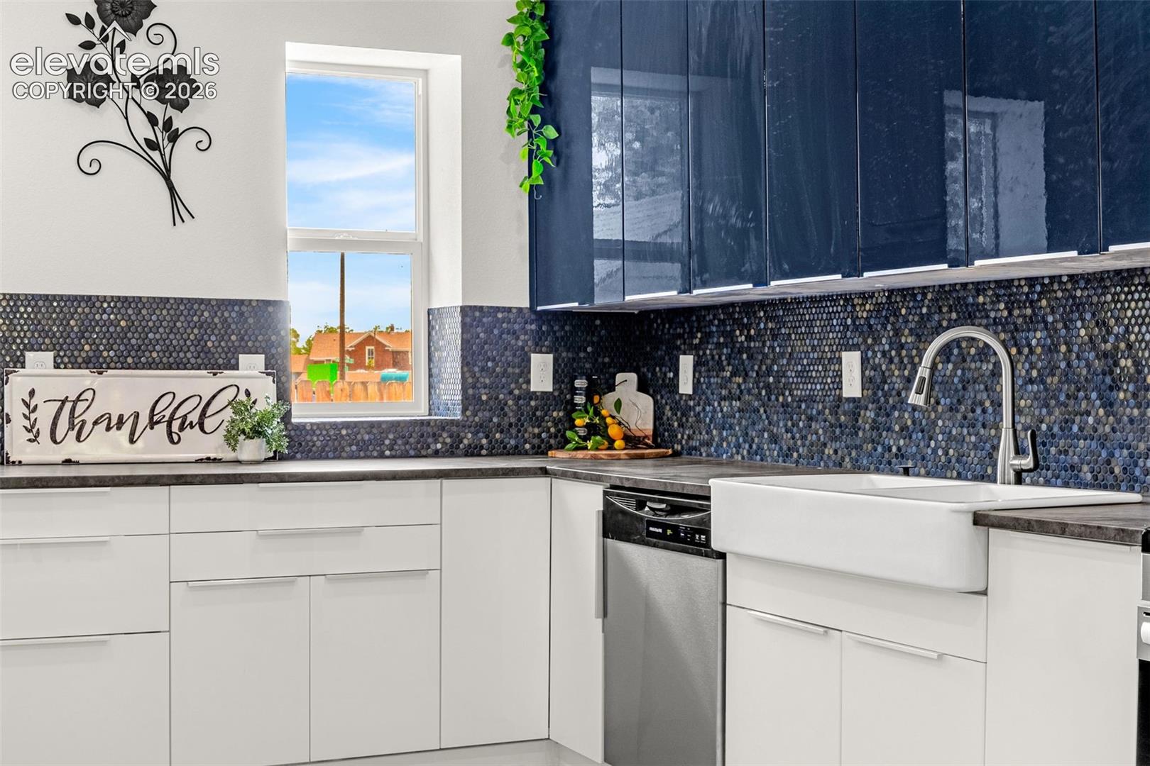 Modern kitchen featuring a white farmhouse sink, stainless steel dishwasher, and dark cabinetry with a glossy finish