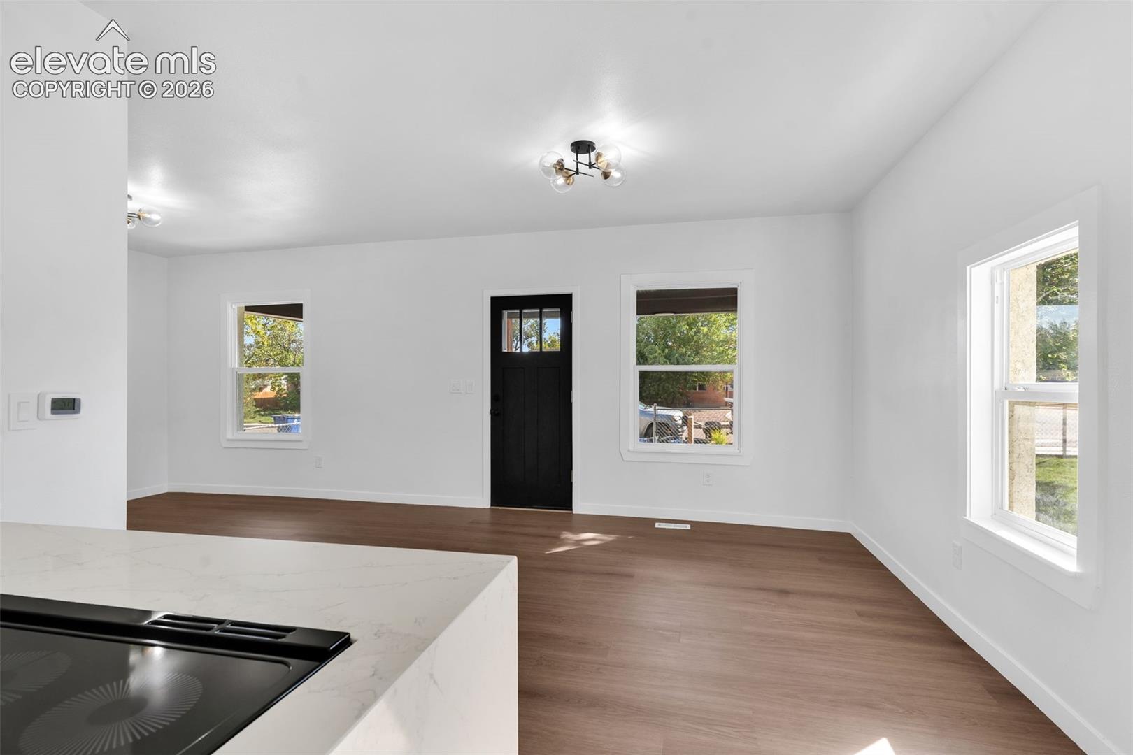 Interior featuring wood-finish flooring, white walls, black exterior entry door with glass pane, quartz countertop, and multi-bulb flush-mount light fixtures