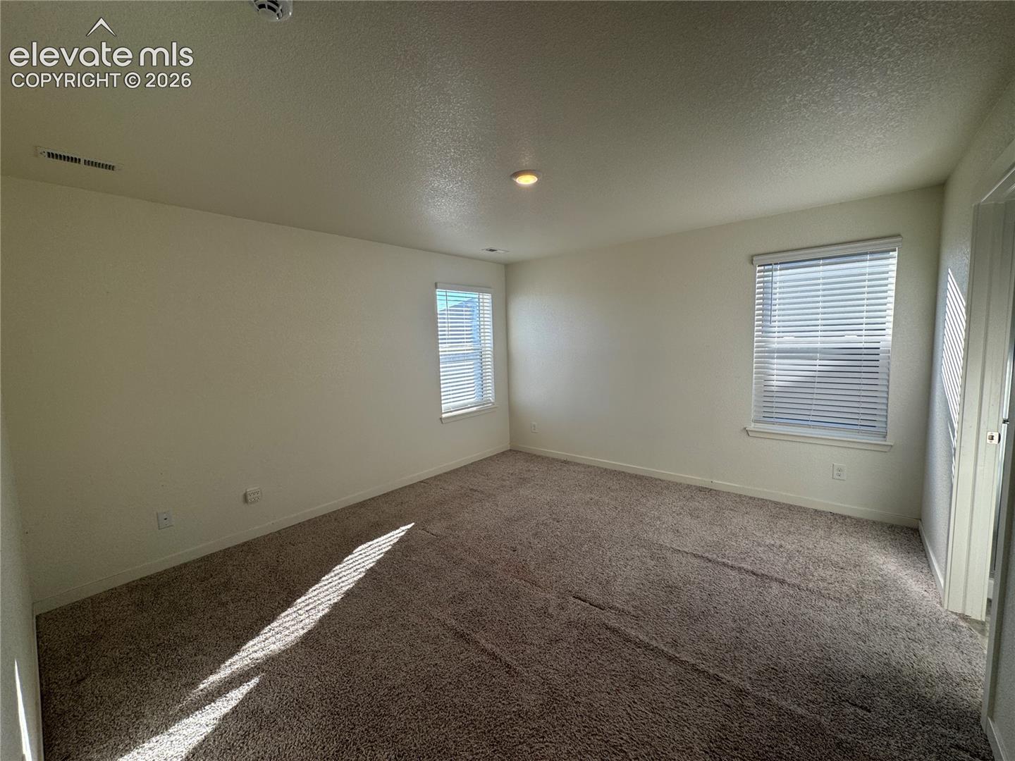 Neutral-toned interior space featuring plush carpeting, two windows with horizontal blinds, and a flush-mount ceiling light fixture