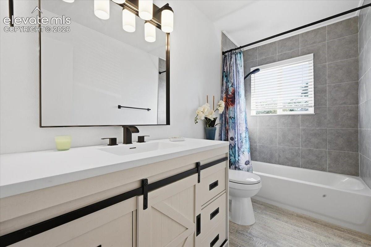 Vanity with barn door style cabinetry, white countertop, and dark-finish fixtures