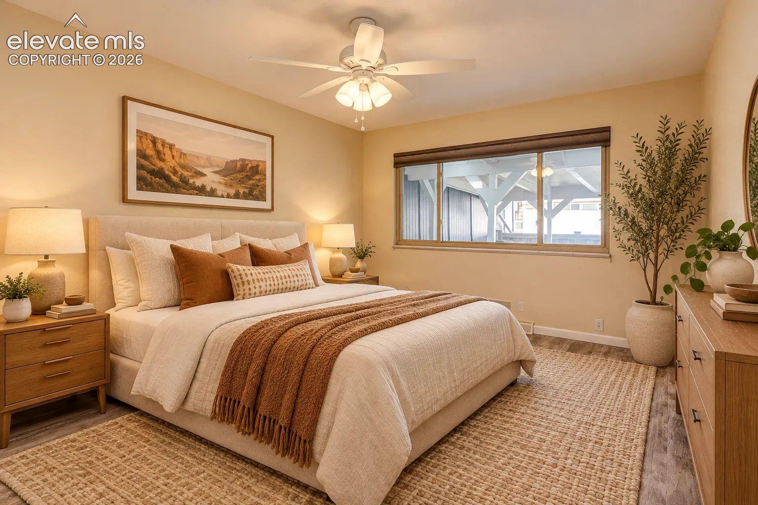 Neutral-toned room featuring a central ceiling fan with integrated lighting, a large horizontal window with roller shade, and wood-finish flooring. AI-Enhanced – furniture/decor digitally added
