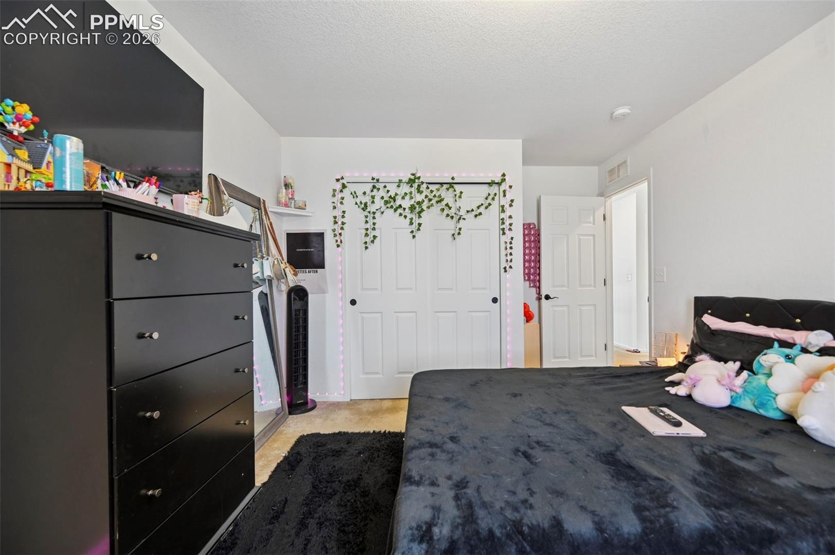 Neutral color palette with white walls, carpet flooring, dual sliding closet doors, and a paneled interior door
