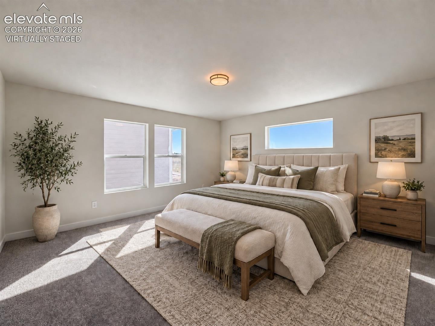 bedroom with upholstered bed, narrow horizontal window above headboard, two bedside tables and a potted plant — virtually staged