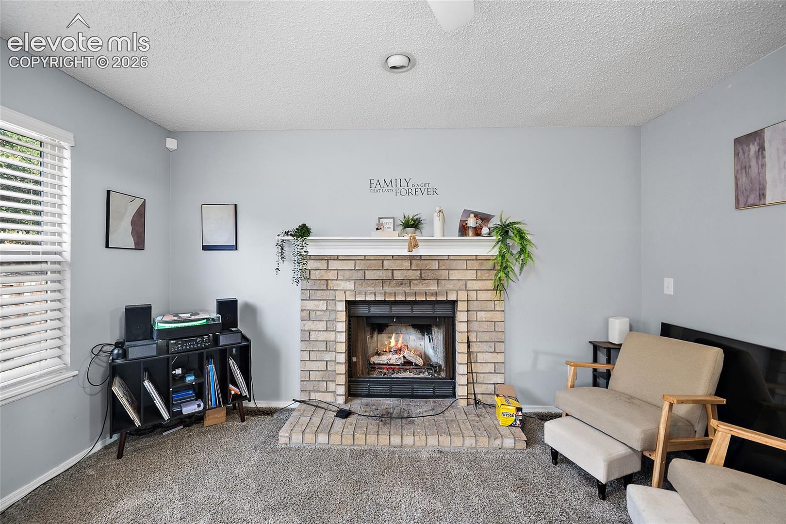 Brick-surround fireplace with a white mantel, textured carpeting, and a window with horizontal blinds
