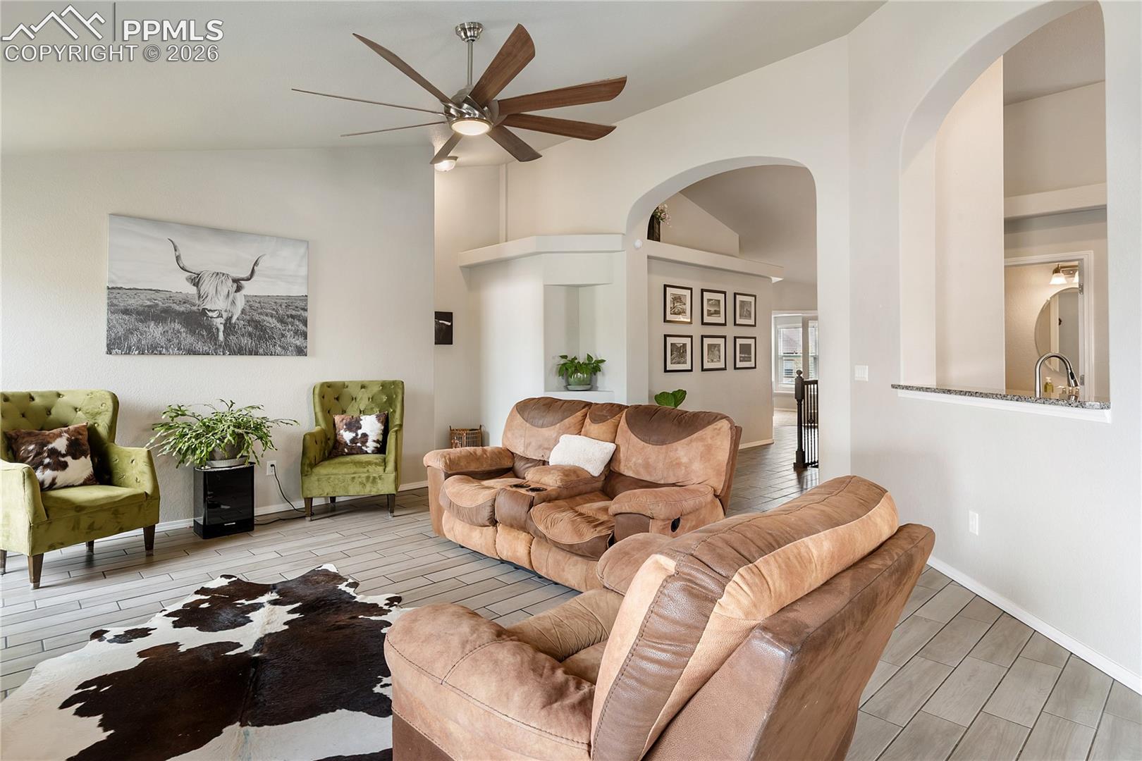 Living area with vaulted ceilings