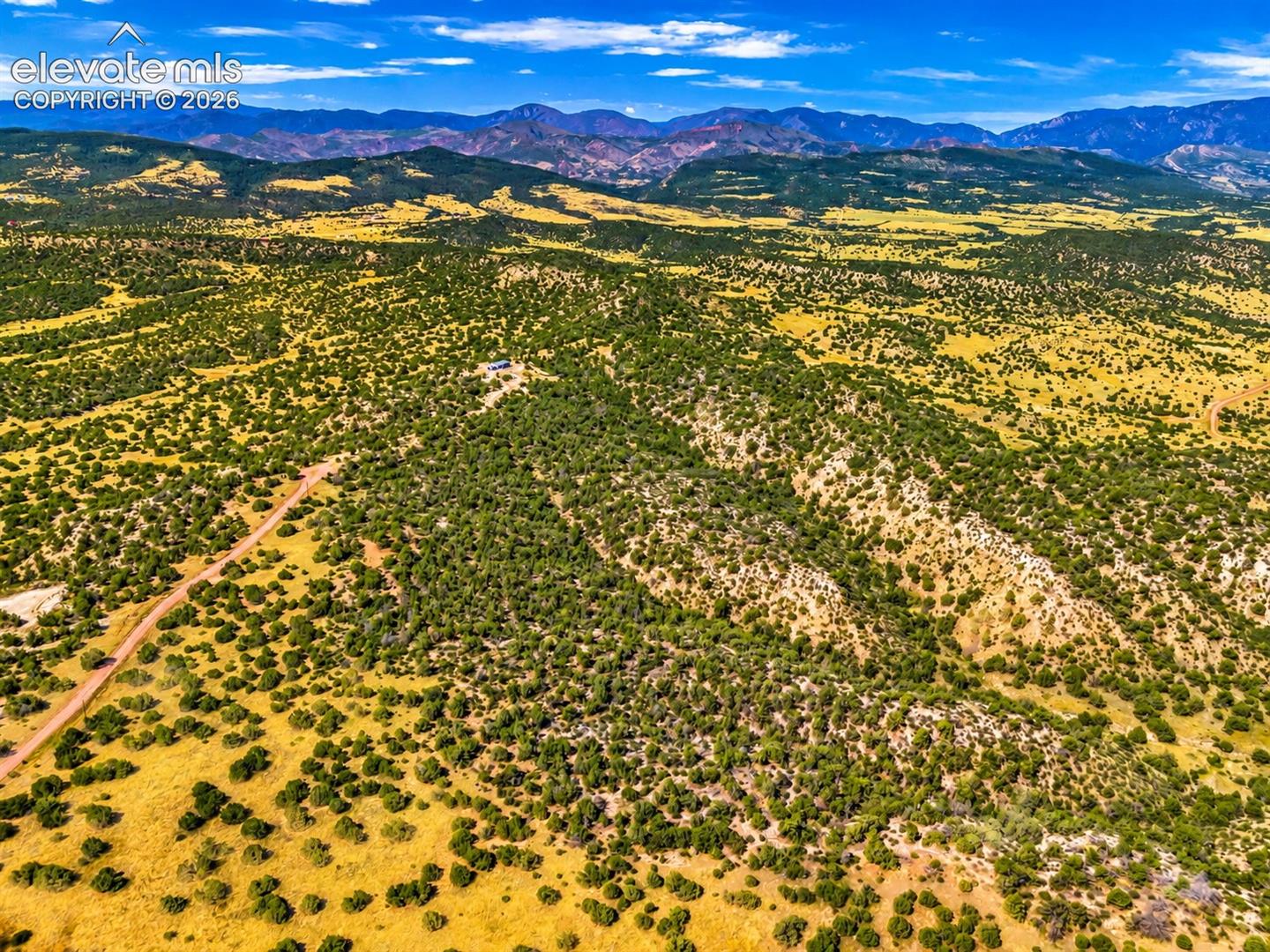Ground-level view showcasing gently sloping terrain, native grasses, and scattered juniper trees beneath a beautiful blue sky.

