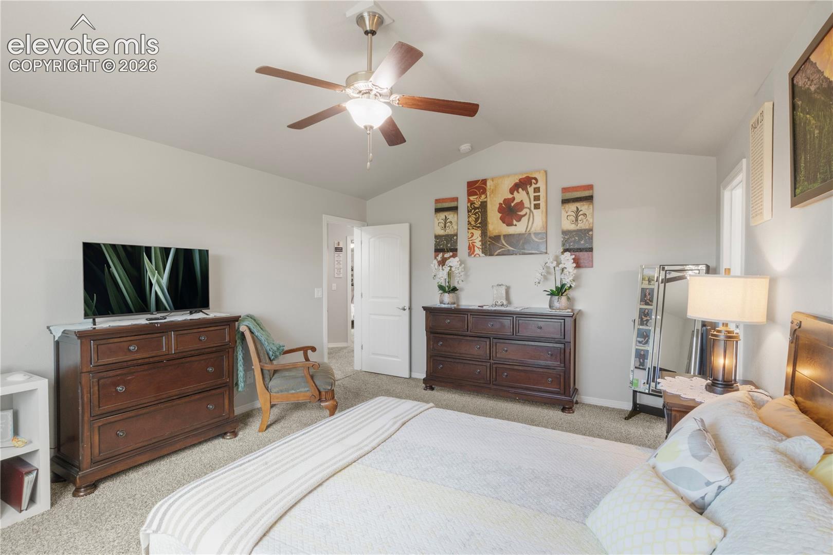 Tray ceiling with a ceiling fan, light-colored carpeting, and a white interior door