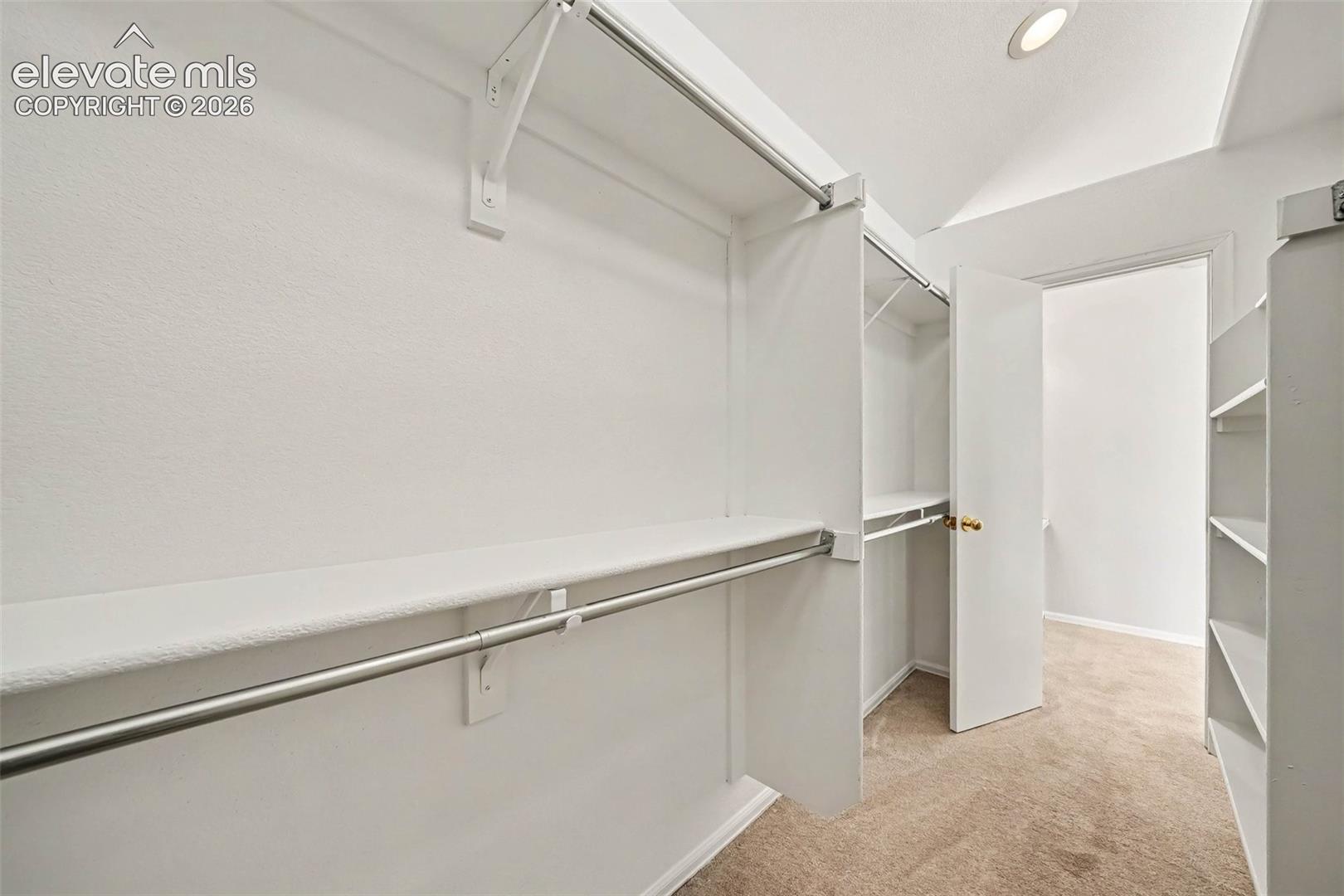 Spacious walk-in closet featuring dual clothing rods, abundant shelving, soft recessed lighting, and neutral carpet flooring for organized storage and accessibility